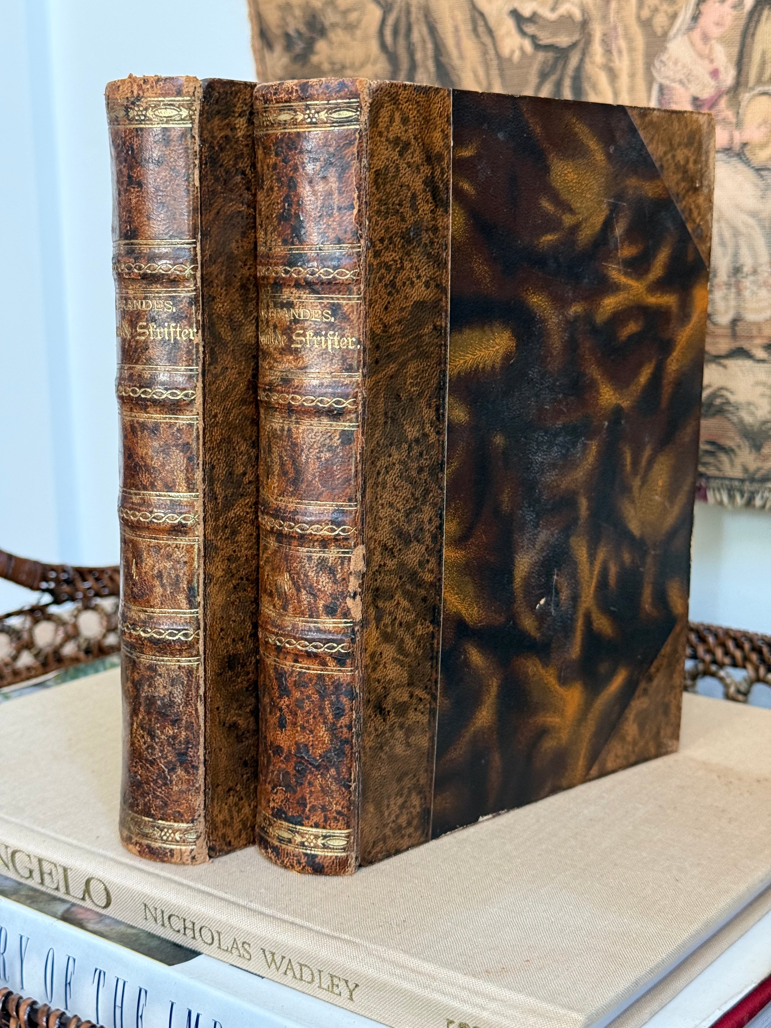 Antique Pair Leather Bound Marbled Books