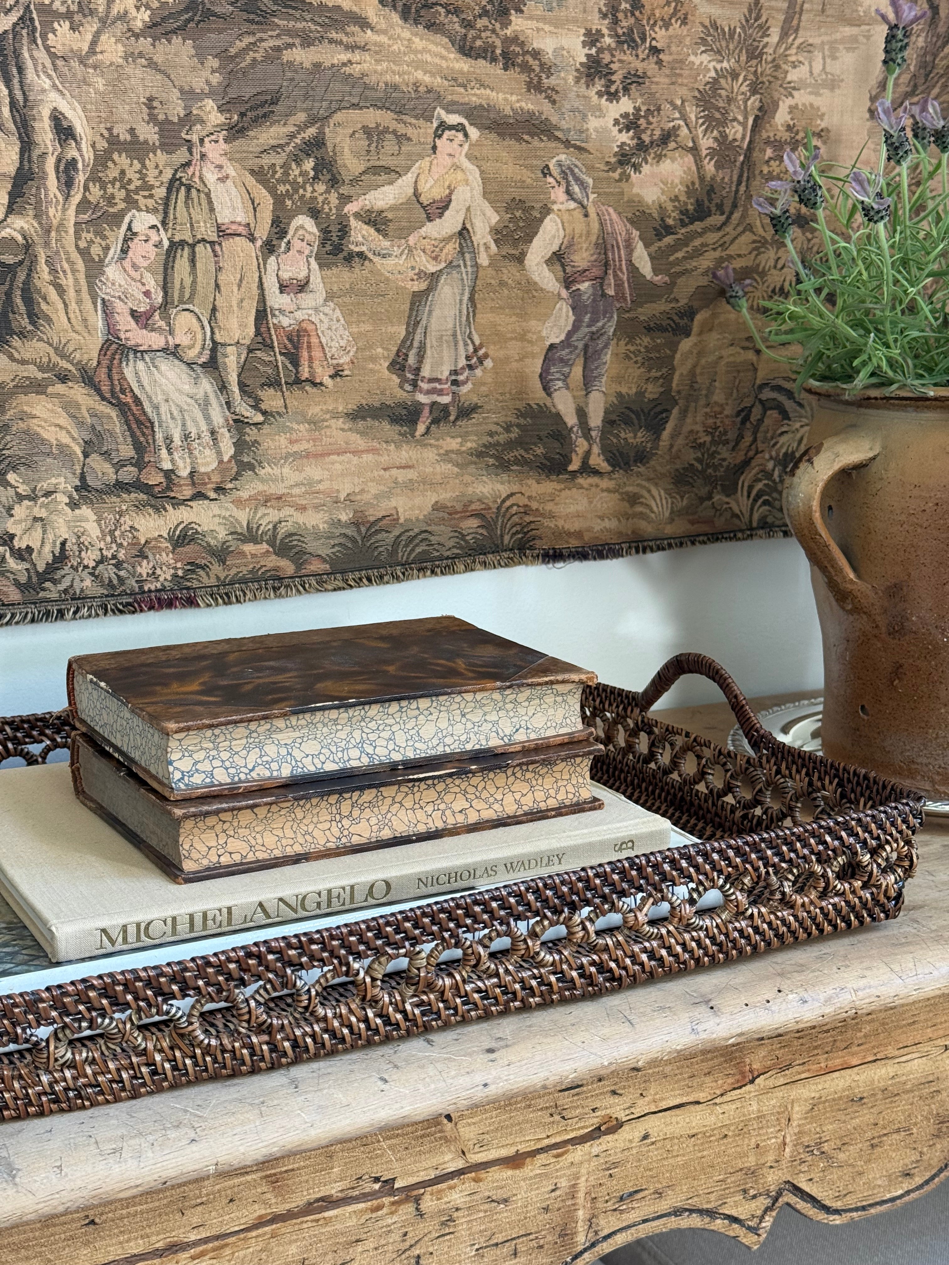 Antique Pair Leather Bound Marbled Books