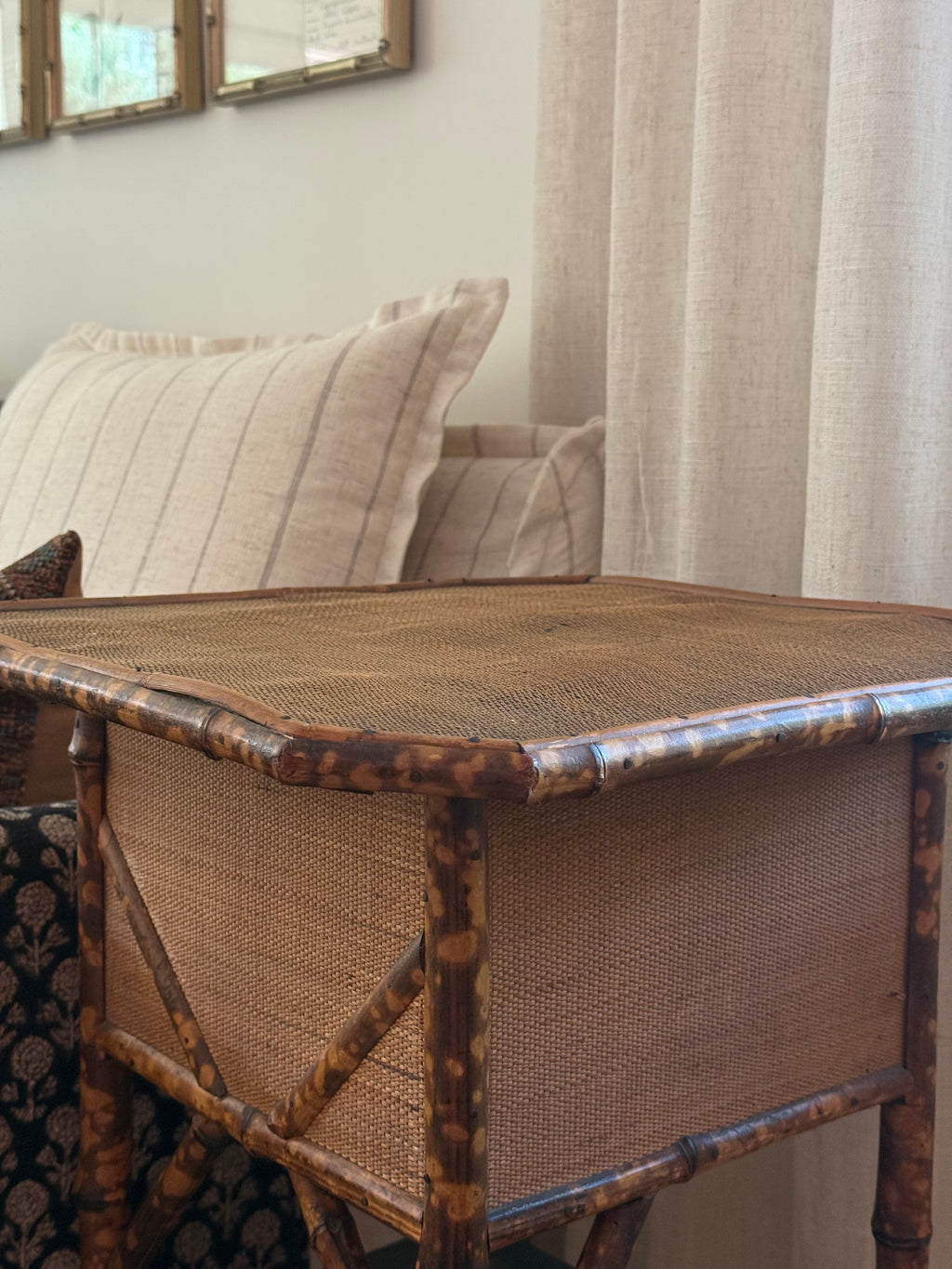 Antique English Burnt Bamboo Side Table with Storage