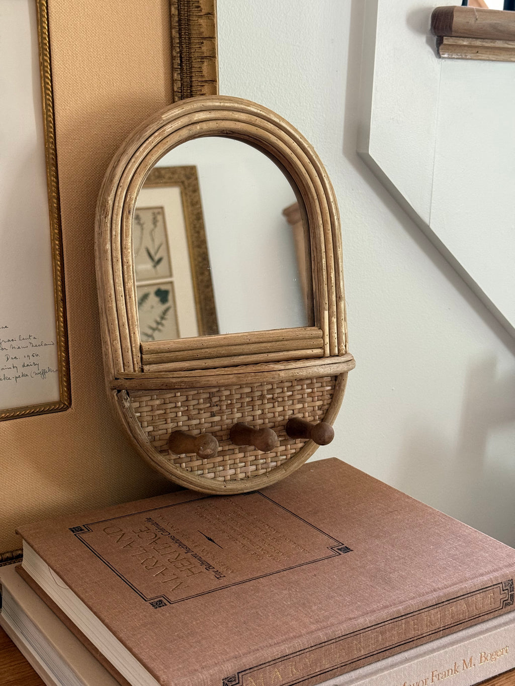 Vintage Rattan and Bamboo Mirror with Pegs