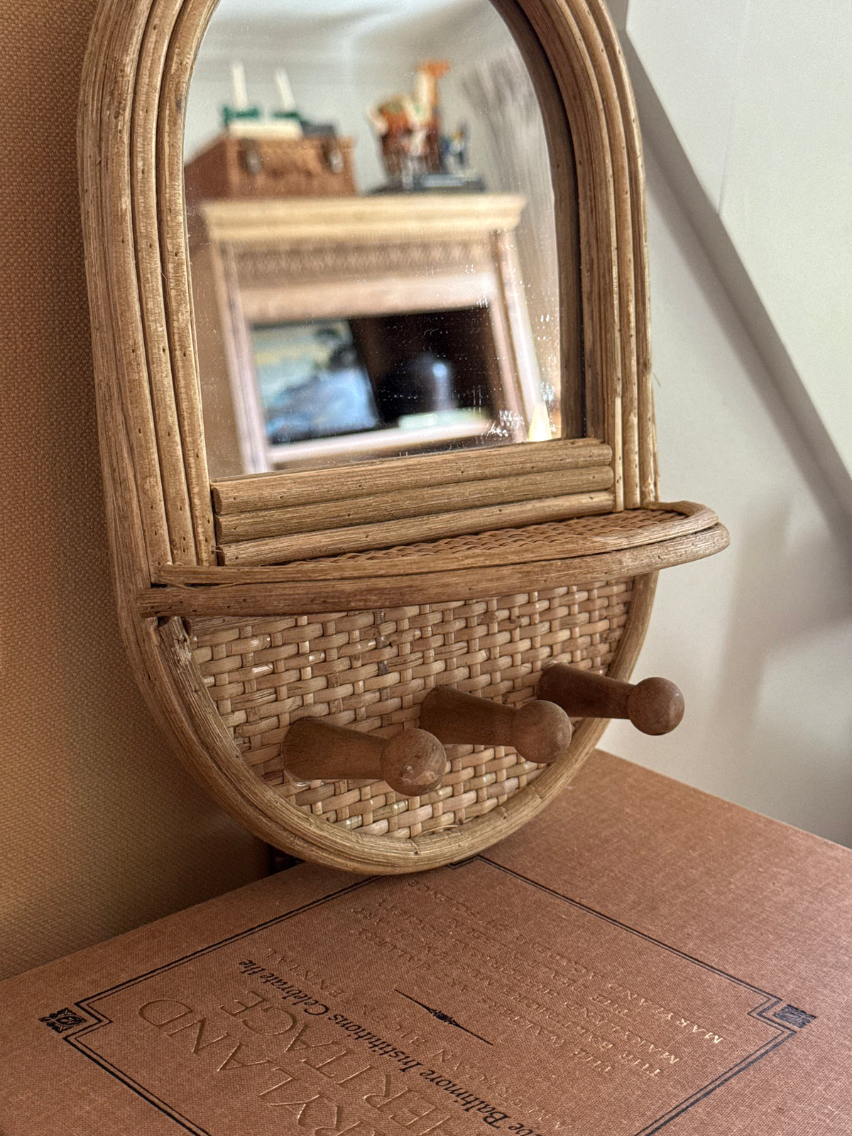 Vintage Rattan and Bamboo Mirror with Pegs