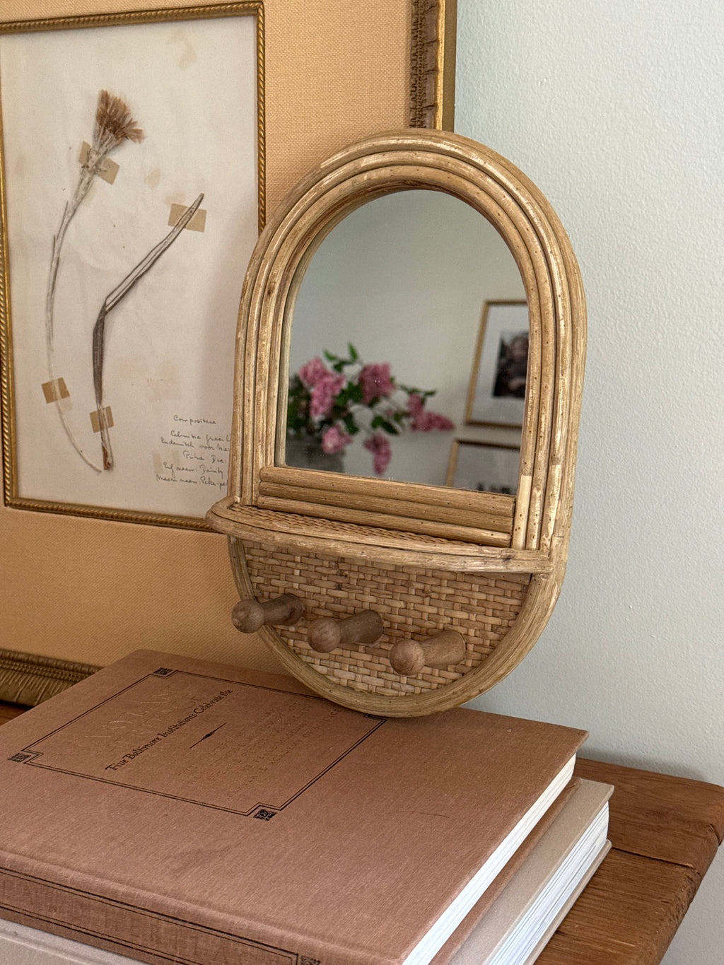 Vintage Rattan and Bamboo Mirror with Pegs