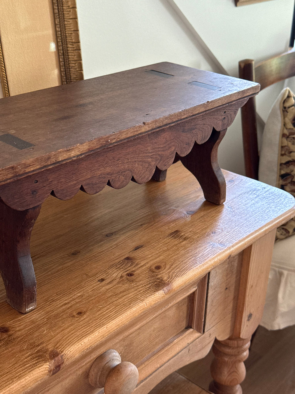 Antique Scalloped Wooden Footstool
