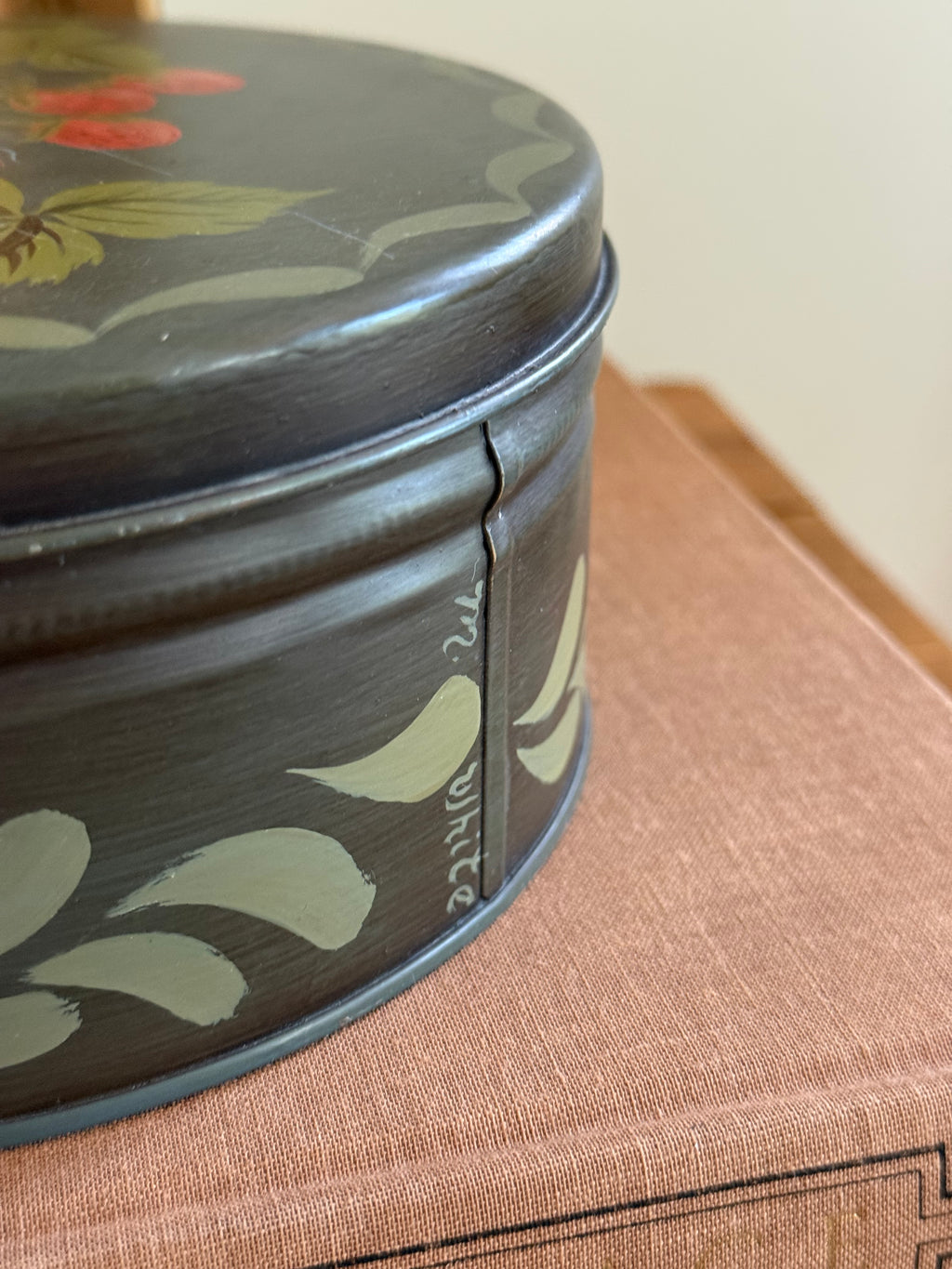 Vintage Hand-Painted Toleware Container with Strawberry Motif