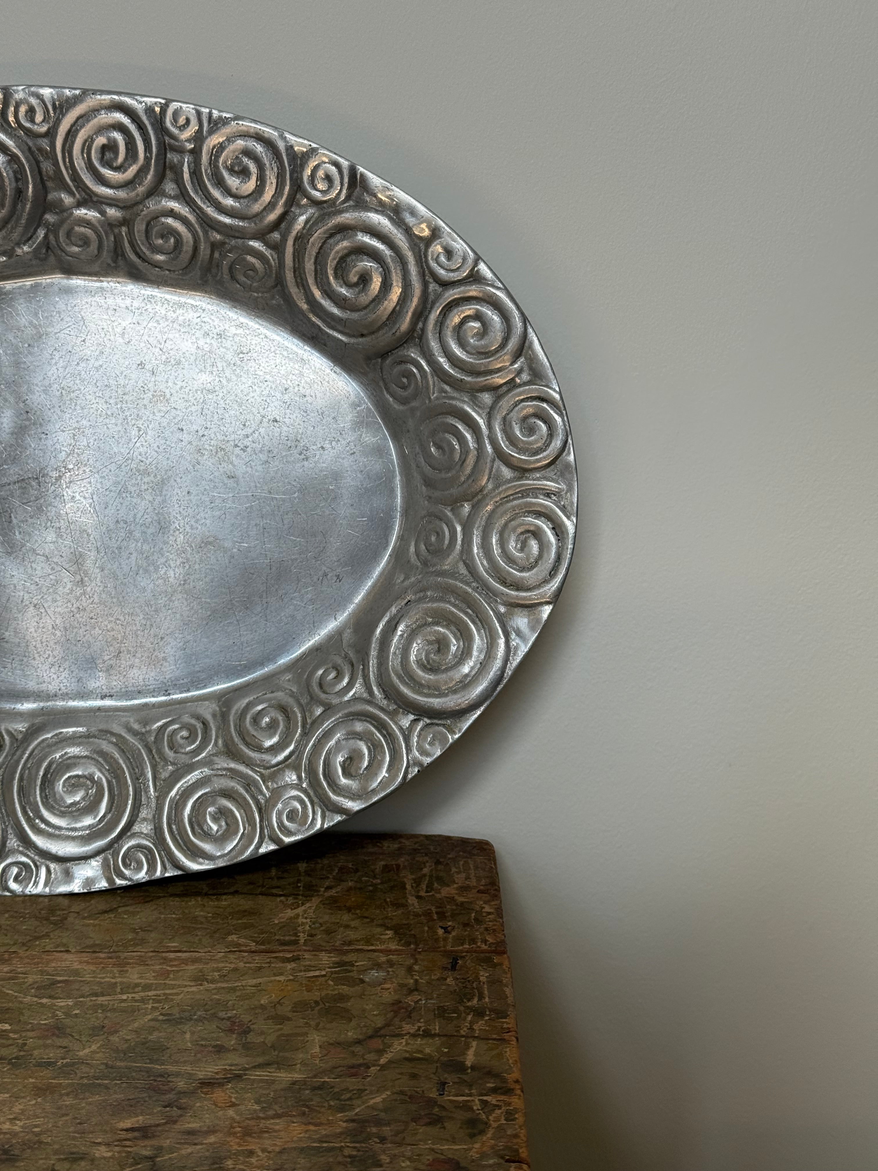 Vintage Pewter Serving Plate with Spiral Details