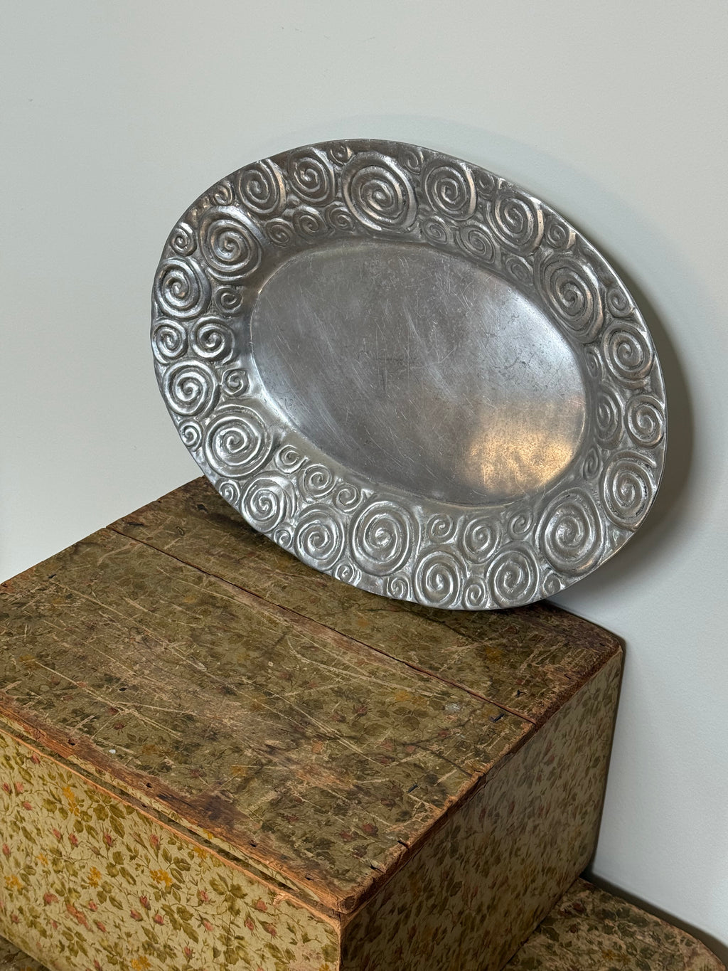 Vintage Pewter Serving Plate with Spiral Details
