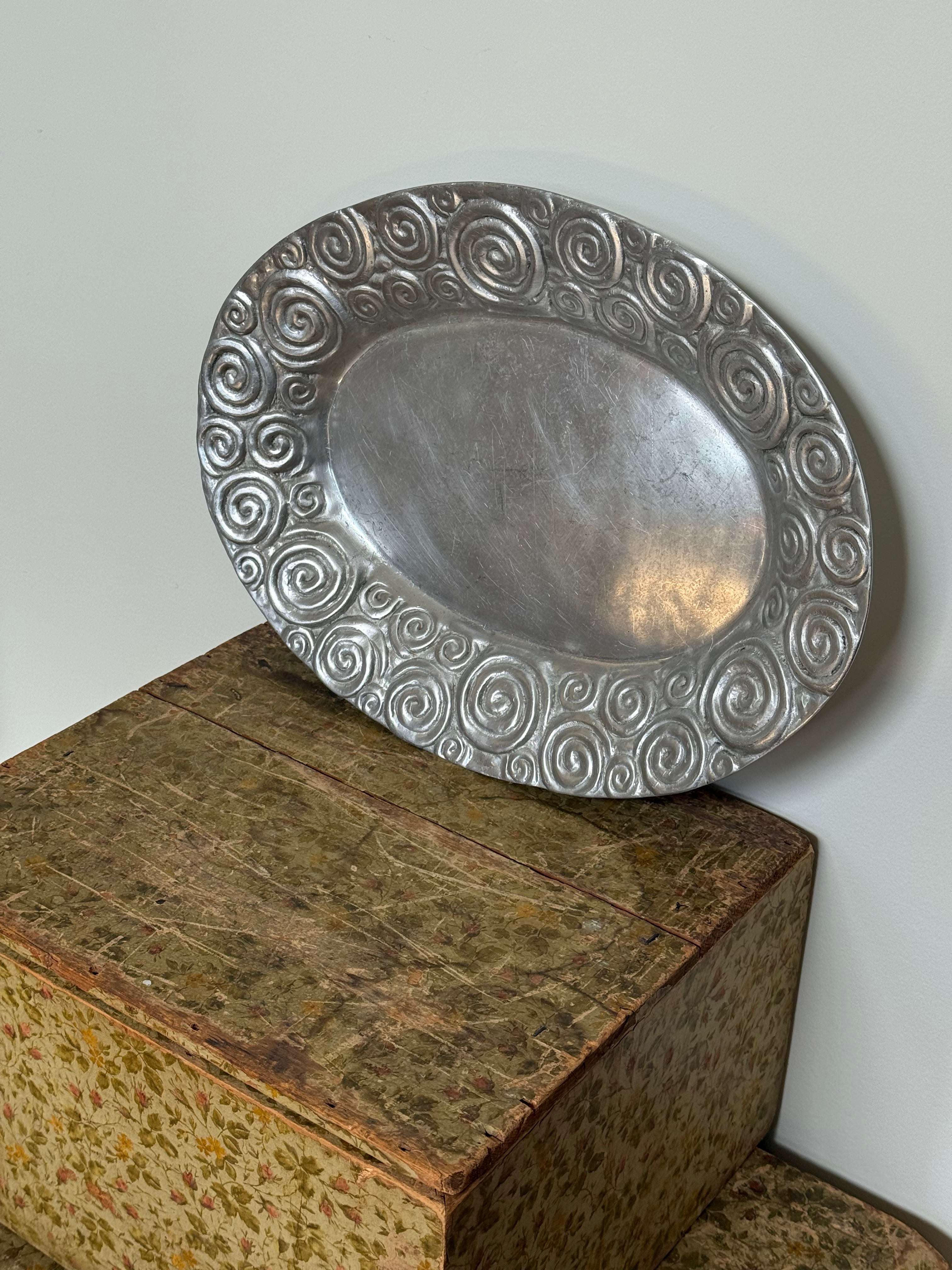 Vintage Pewter Serving Plate with Spiral Details