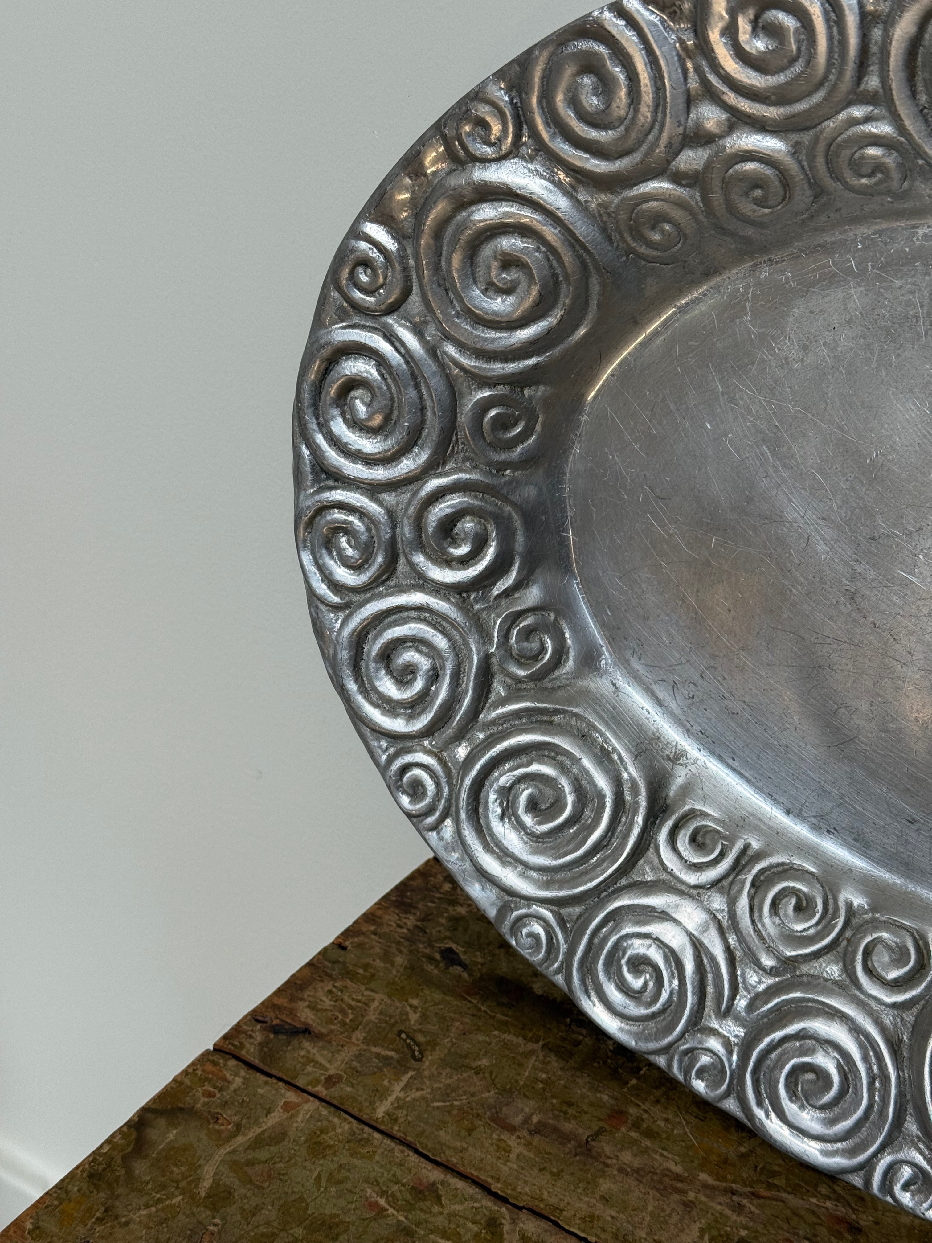 Vintage Pewter Serving Plate with Spiral Details