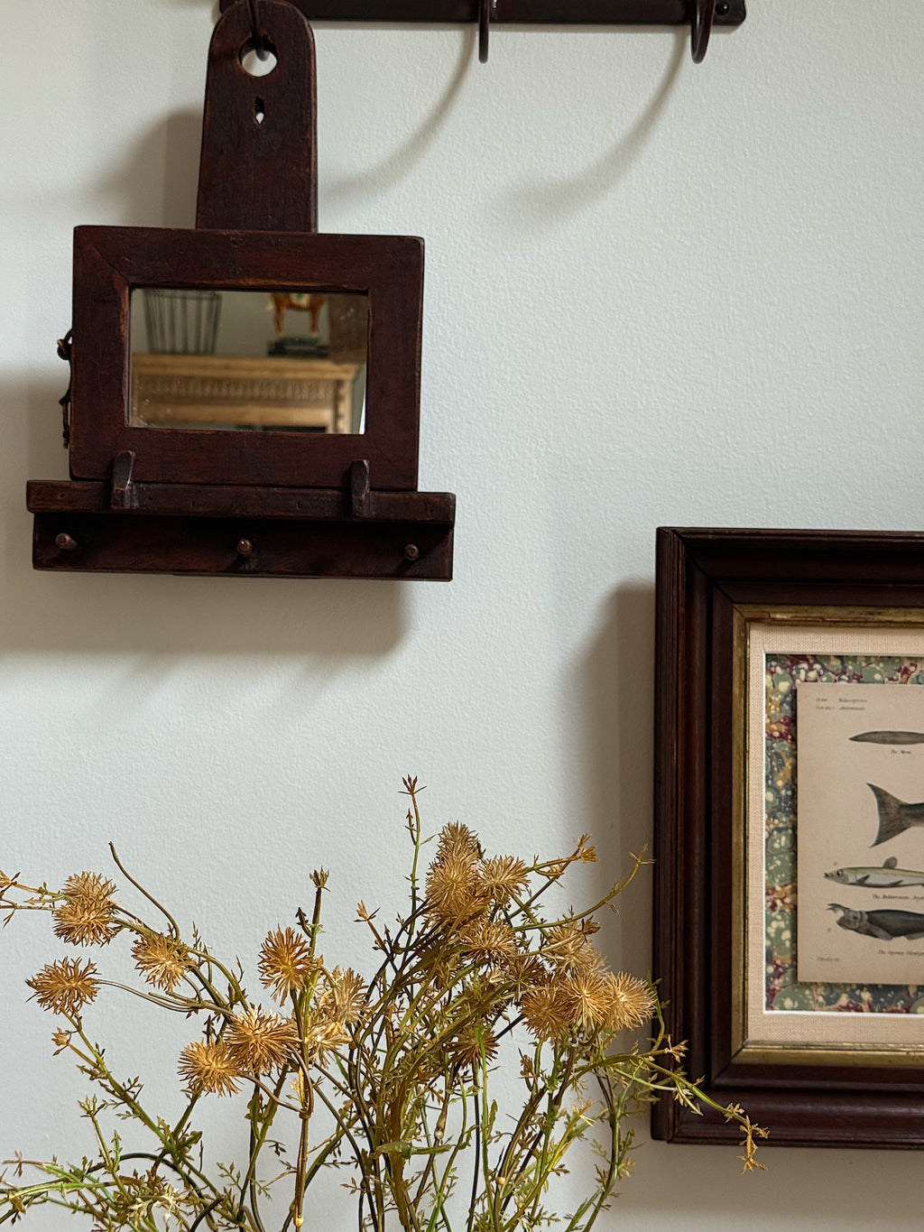 Antique Early American Wall Mirror with Peg Rack