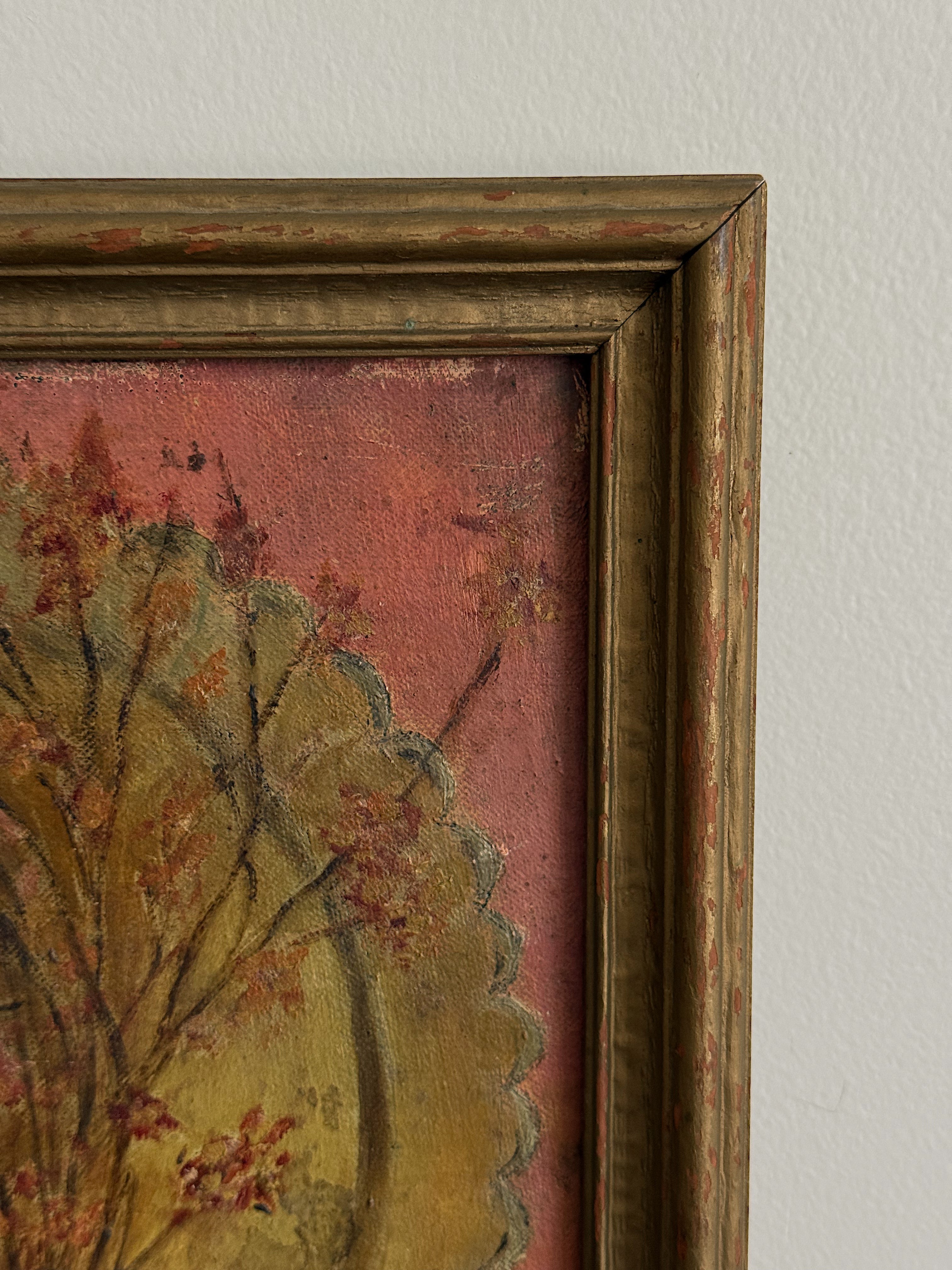 Mid Century Folk Style Still Life Oil Painting in Wood Frame