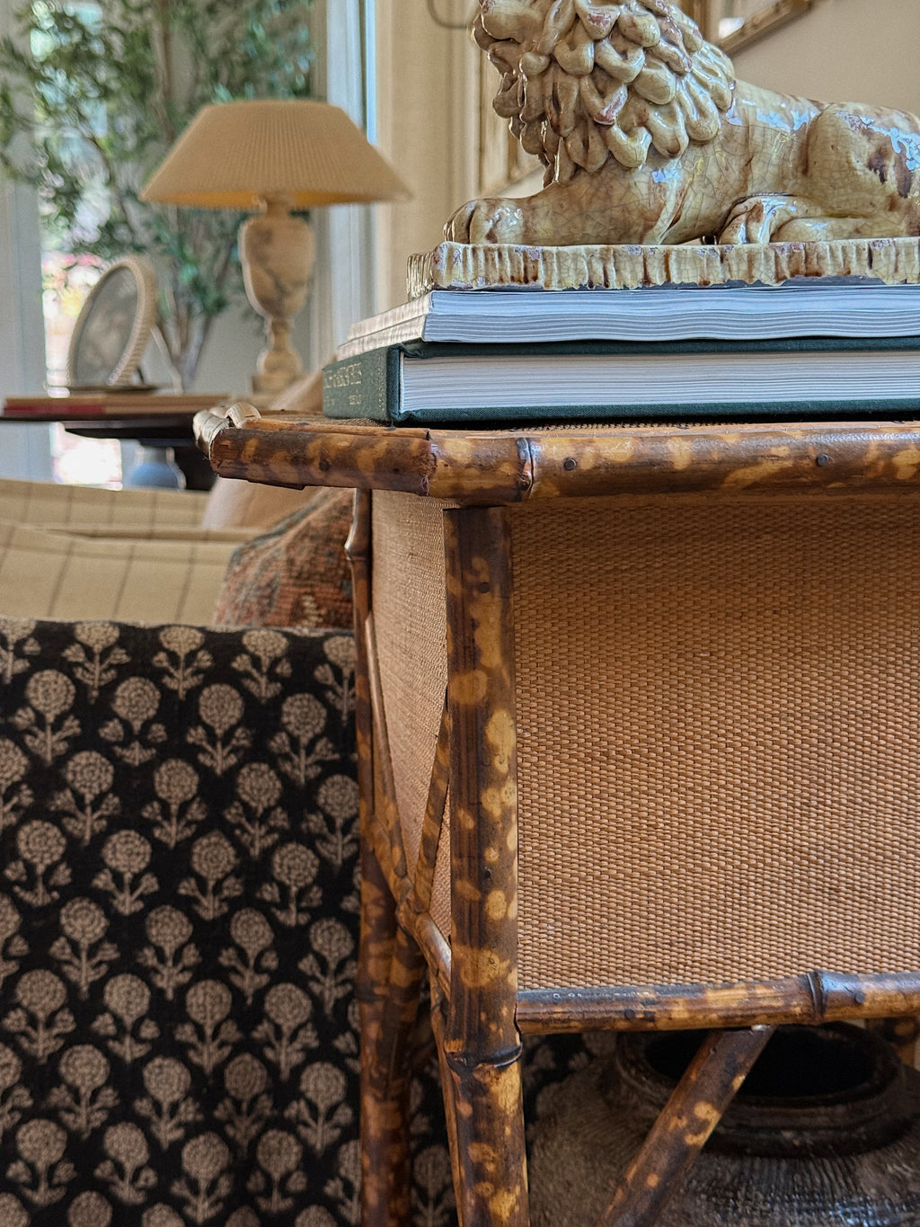 Antique English Burnt Bamboo Side Table with Storage