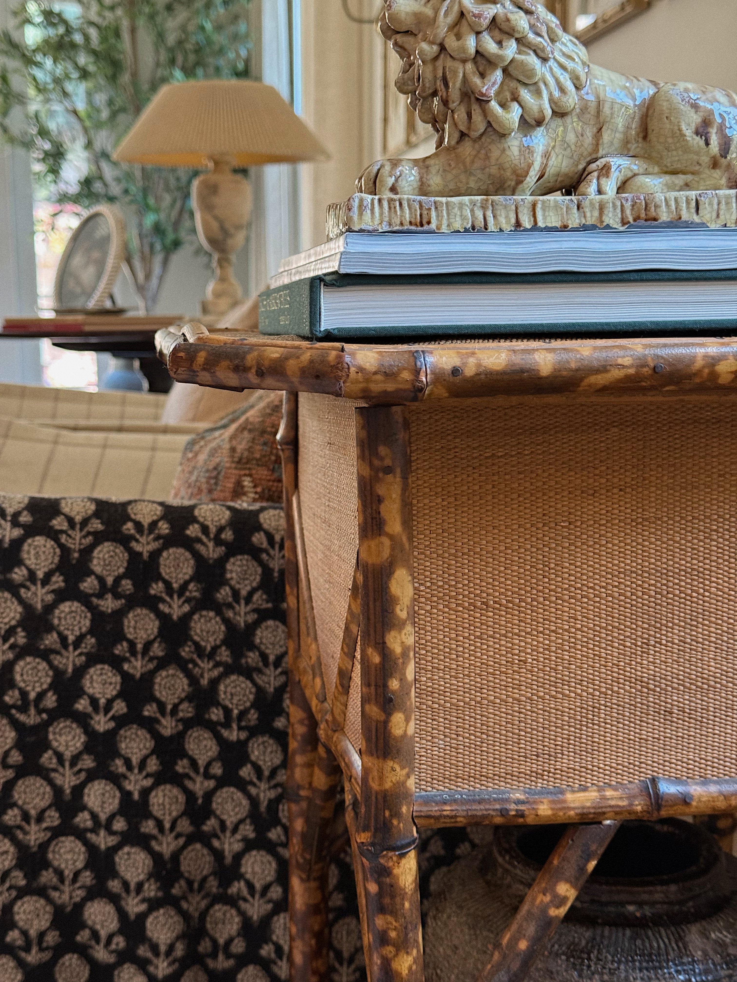 Antique English Burnt Bamboo Side Table with Storage