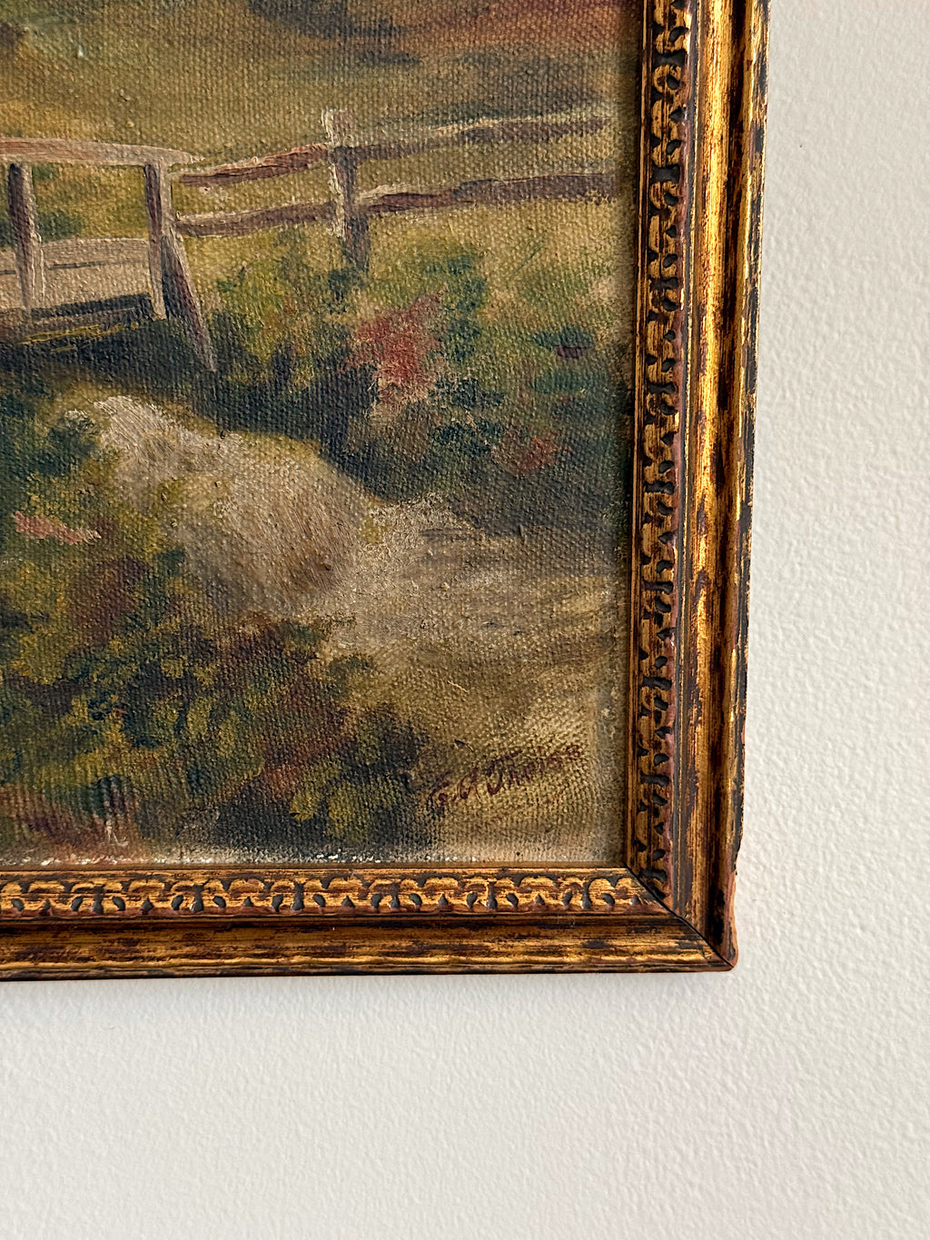 Antique Cottage Landscape Oil Painting in Gilt Frame