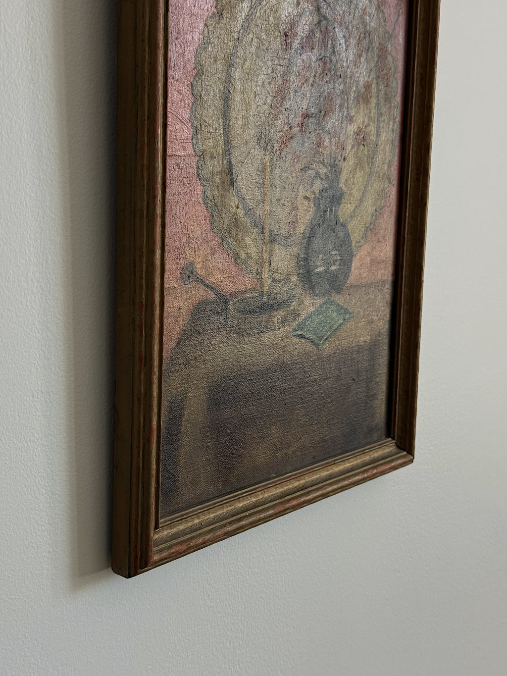 Mid Century Folk Style Still Life Oil Painting in Wood Frame