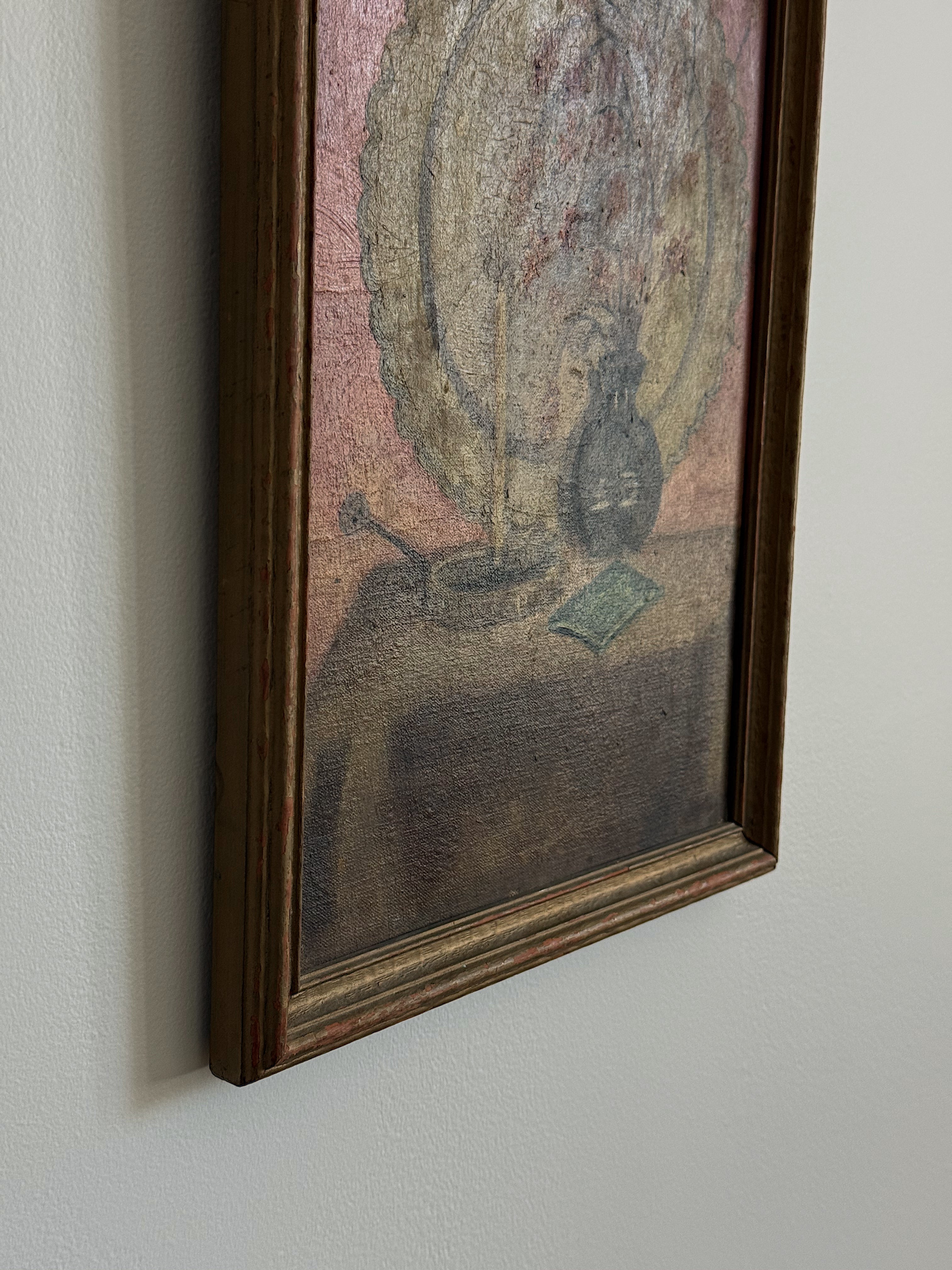 Mid Century Folk Style Still Life Oil Painting in Wood Frame