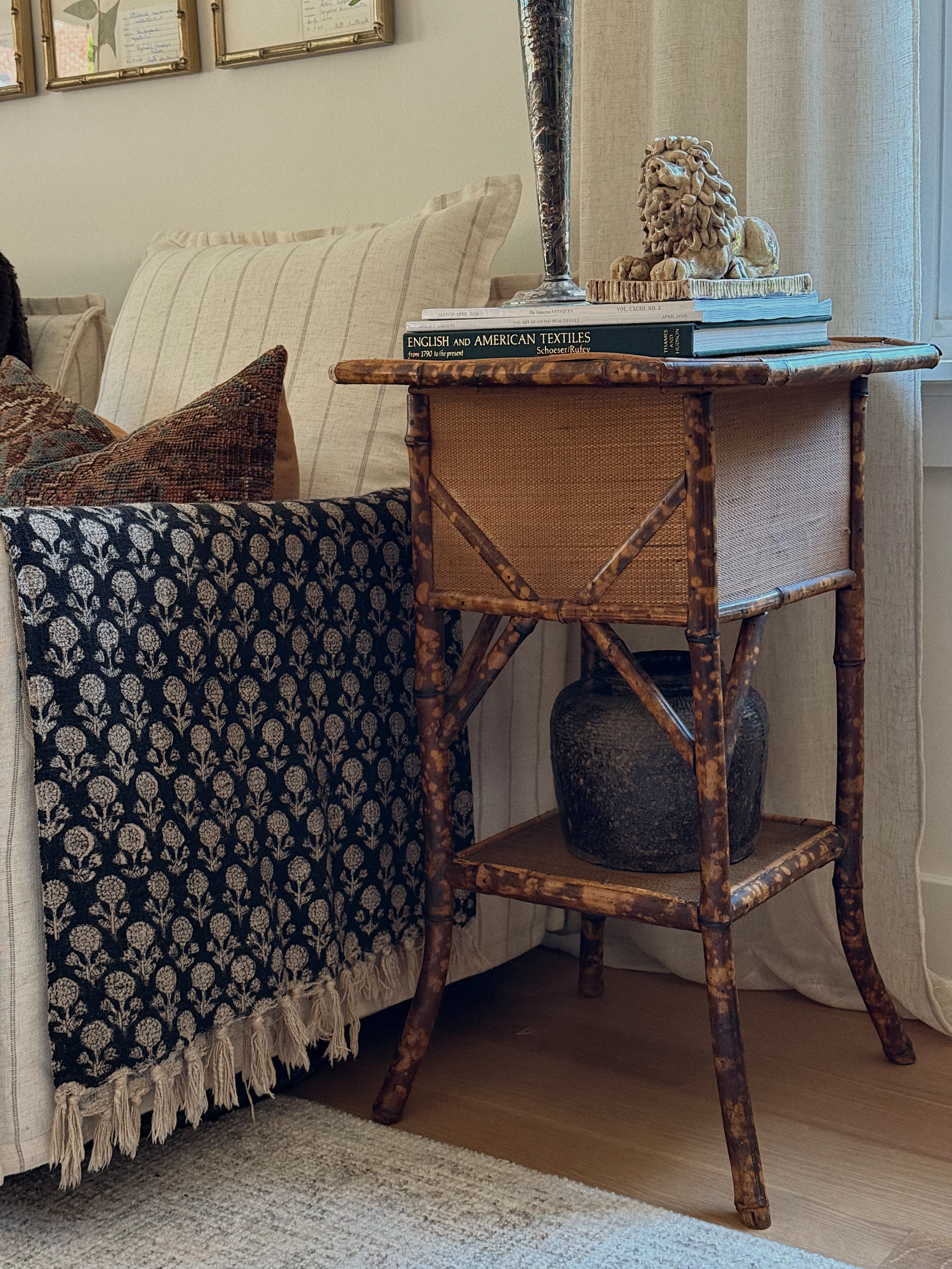 Antique English Burnt Bamboo Side Table with Storage