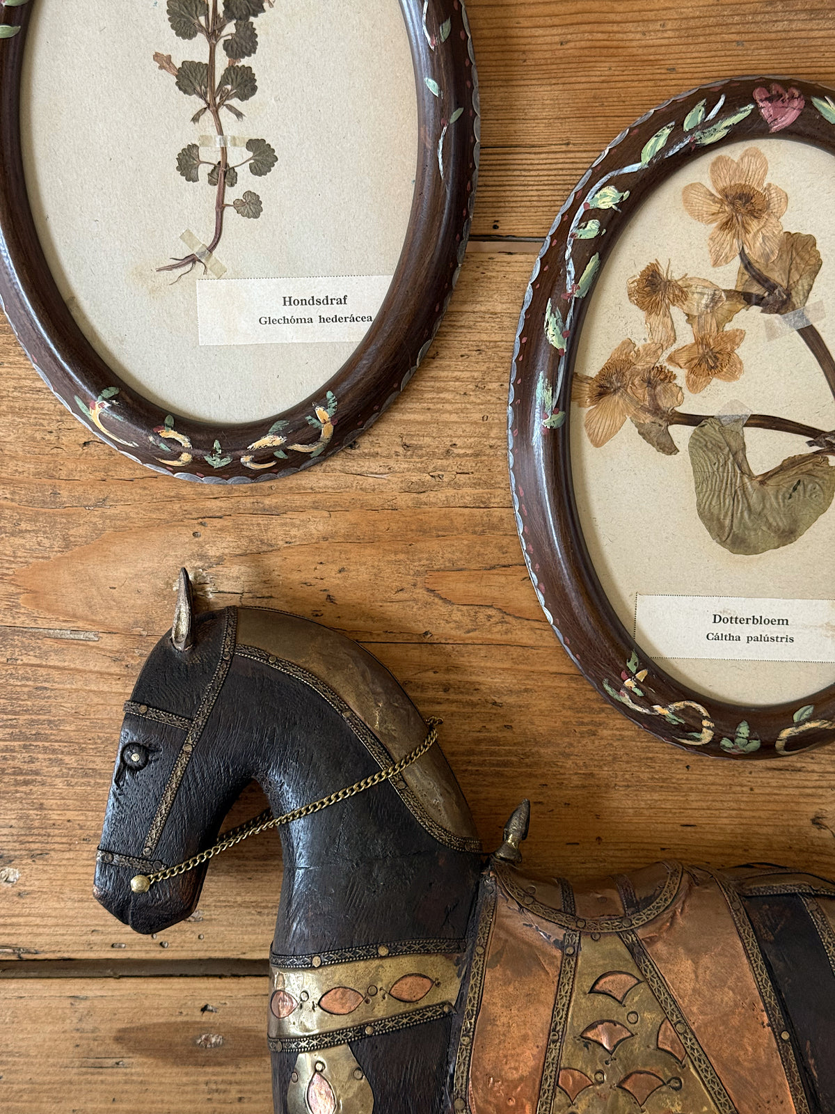 Size Large, Vintage Hand-Carved Wood Horses with Brass + Copper