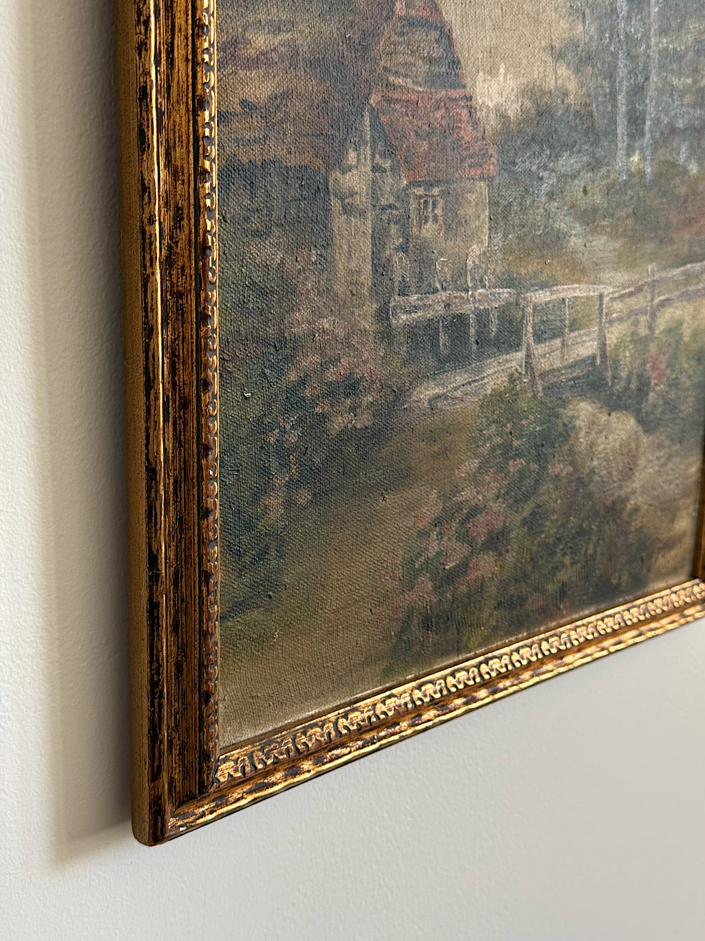 Antique Cottage Landscape Oil Painting in Gilt Frame