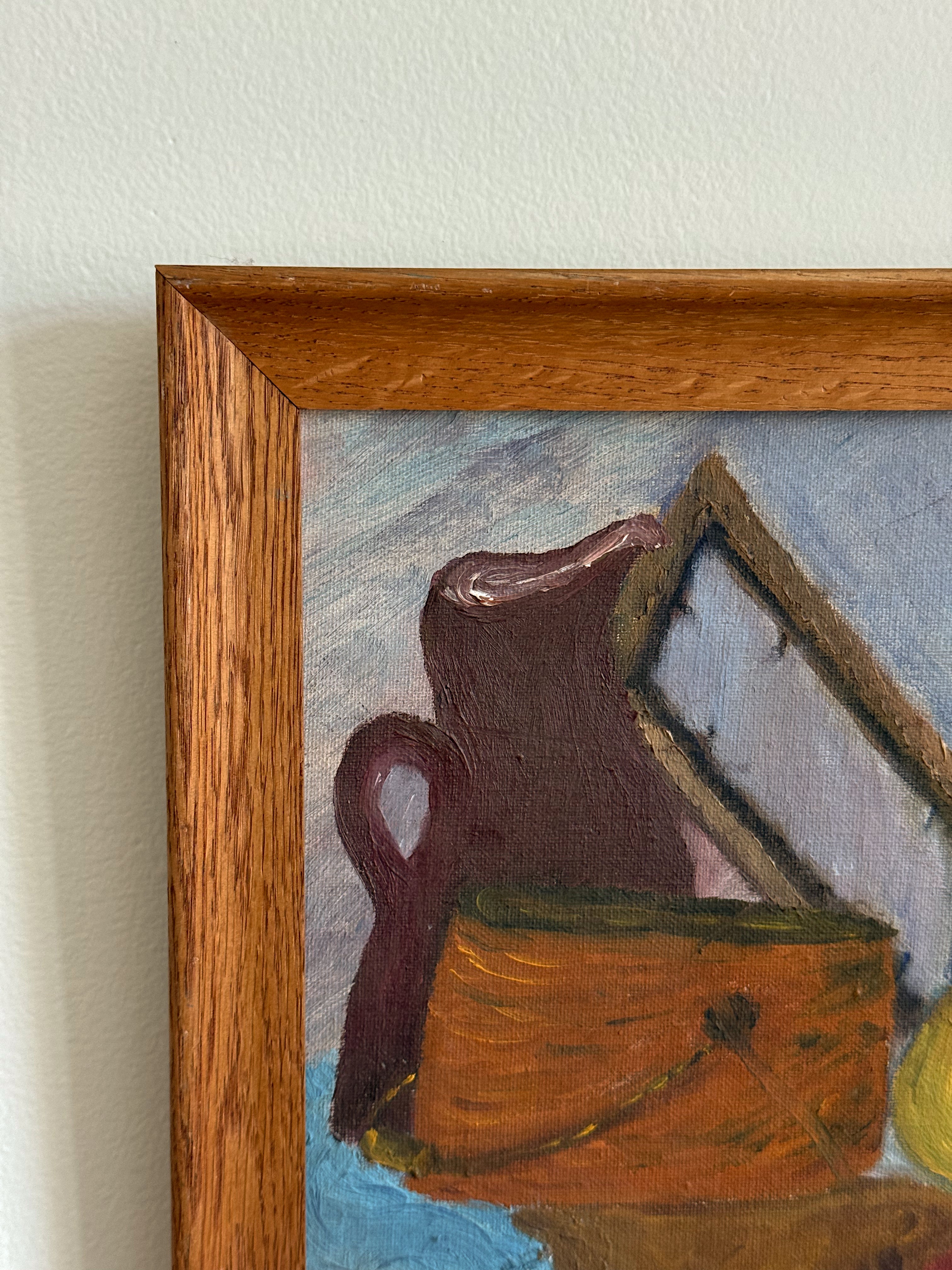 Mid Century Colorful Still Life Oil Painting in Wood Frame
