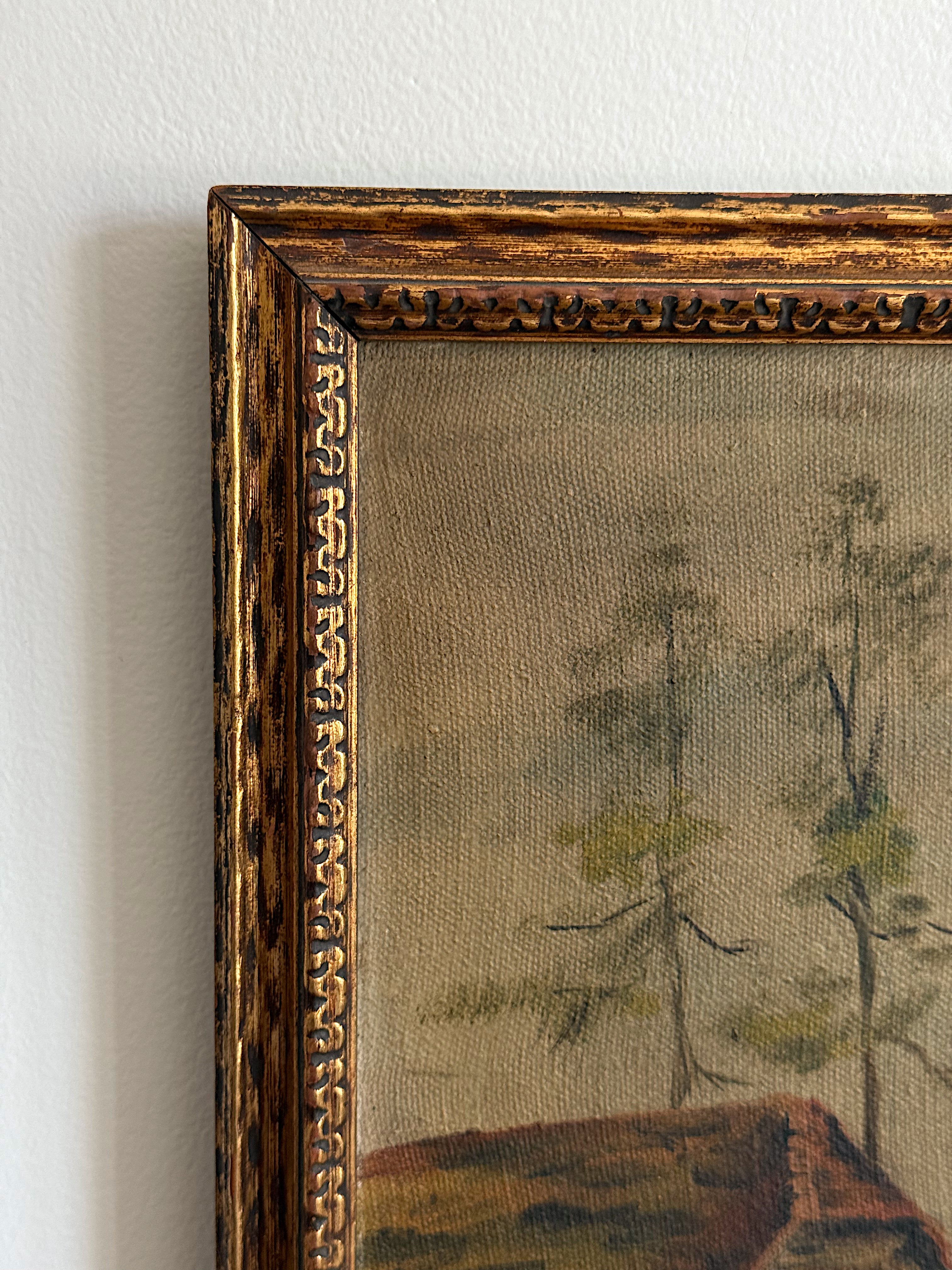 Antique Cottage Landscape Oil Painting in Gilt Frame