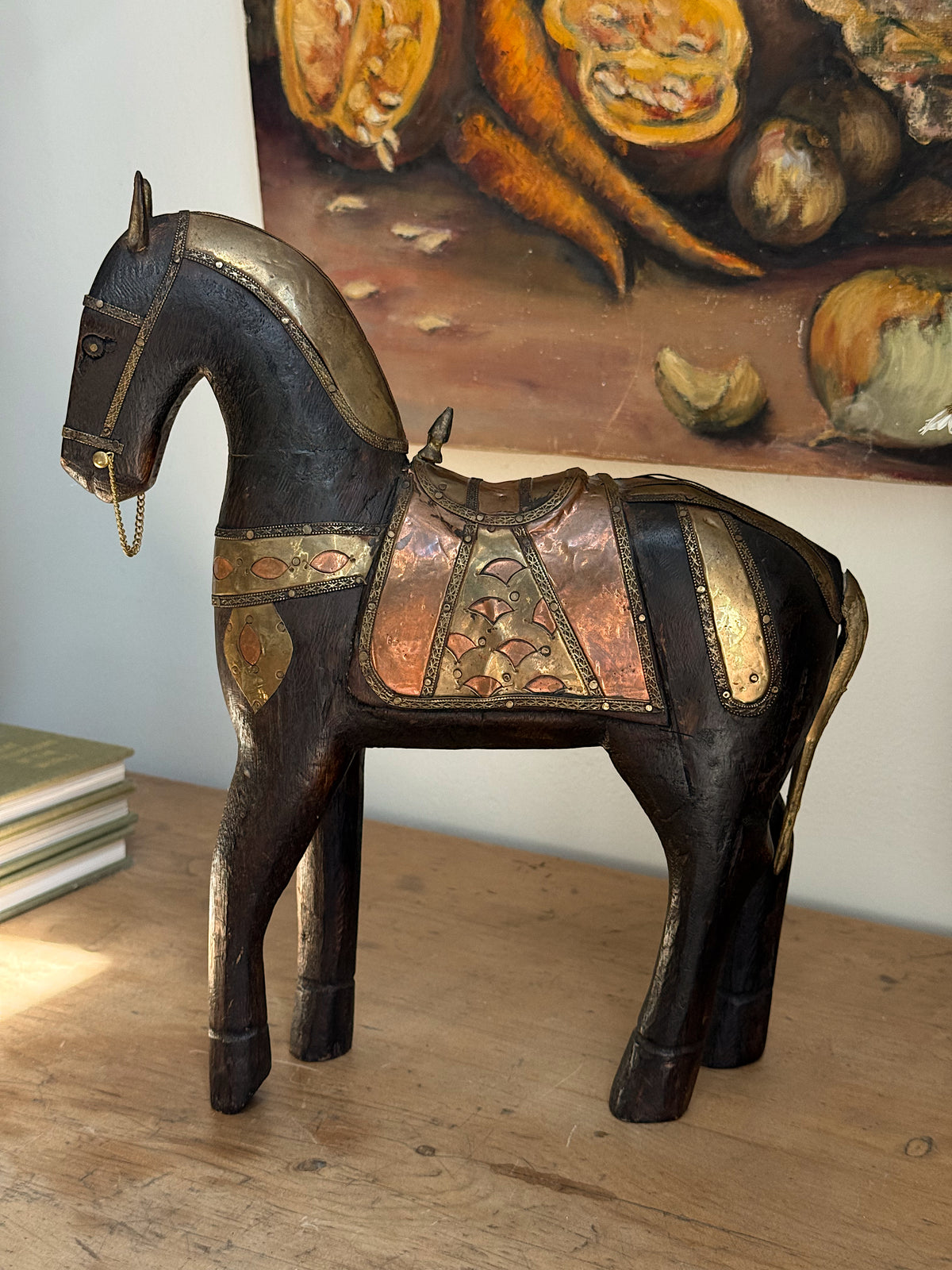 Size Large, Vintage Hand-Carved Wood Horses with Brass + Copper
