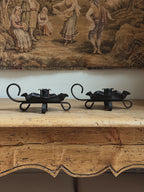 Antique Hand-Forged Iron Candleholders, Pair