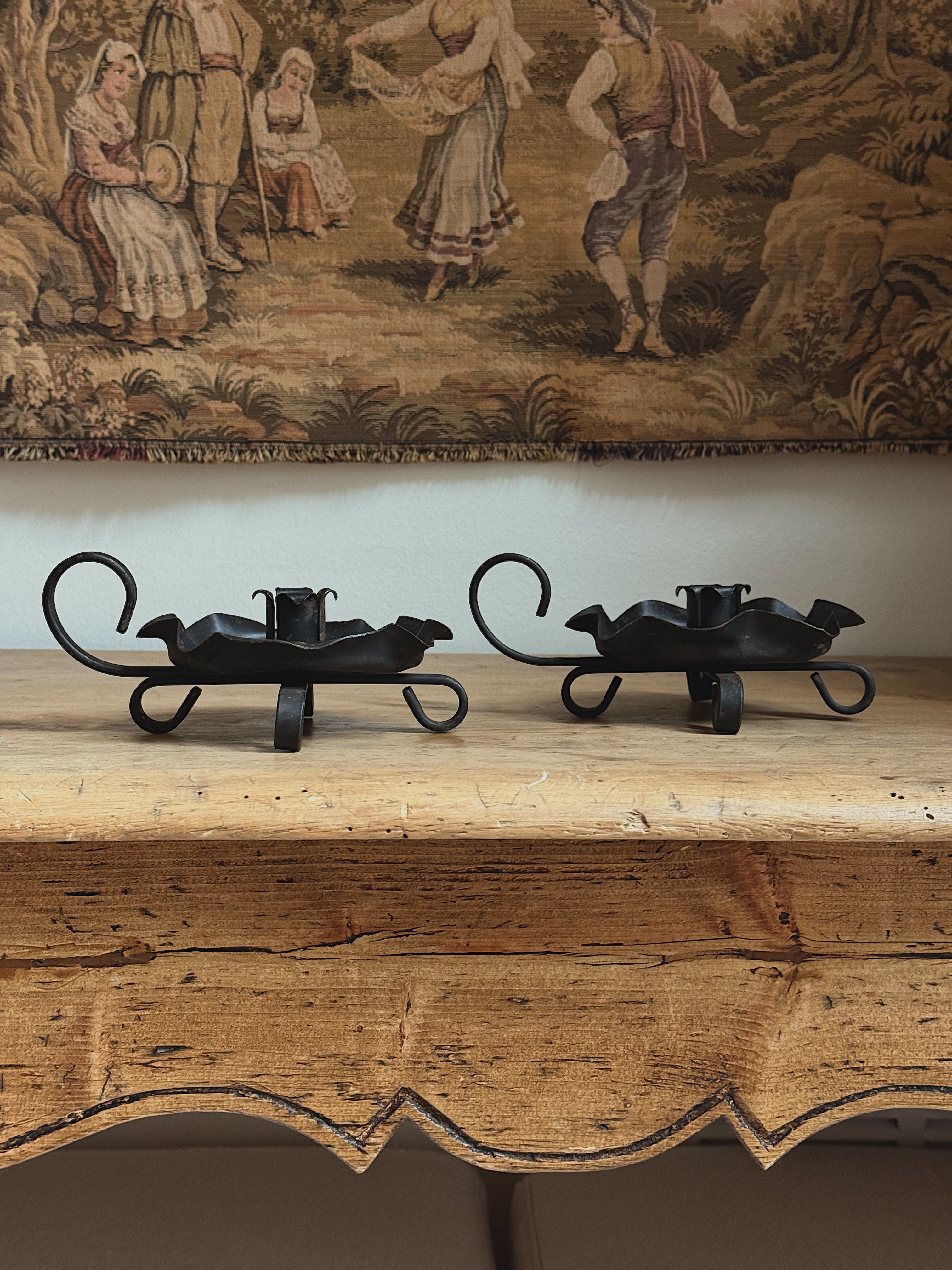 Antique Hand-Forged Iron Candleholders, Pair