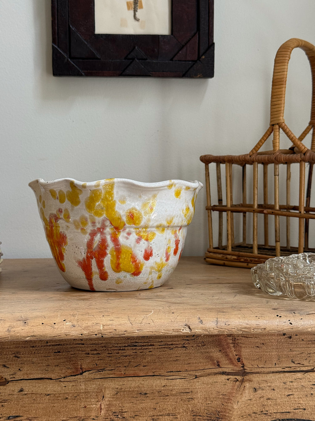 Vintage Splatterware Bowl with Ruffled Edge