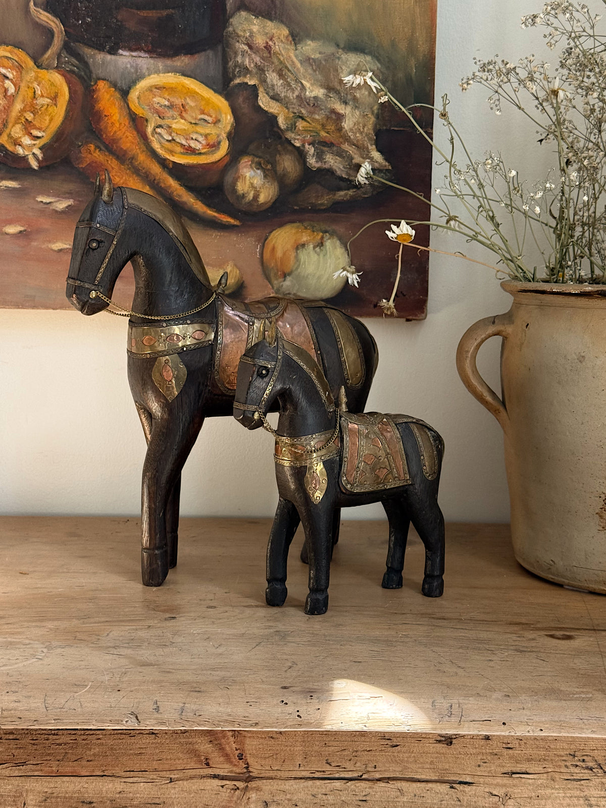 Size Small, Vintage Hand-Carved Wood Horses with Brass + Copper