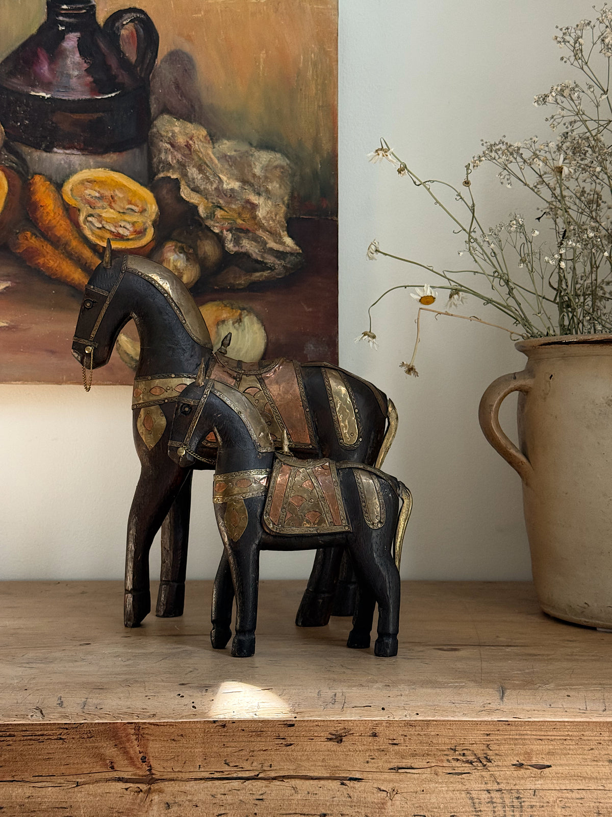 Size Large, Vintage Hand-Carved Wood Horses with Brass + Copper