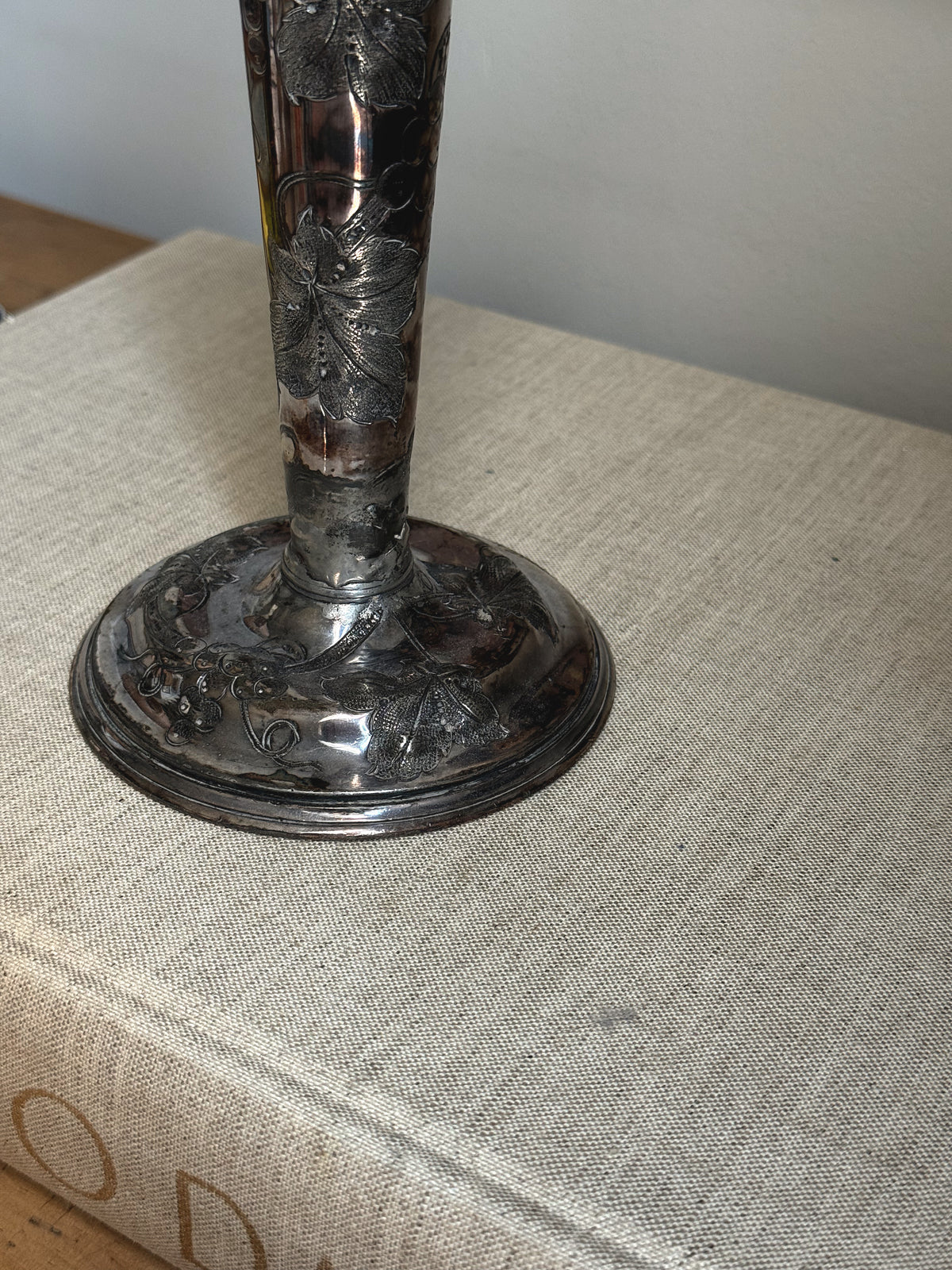 Antique Silver-Plated Grape & Vine Trumpet Vase