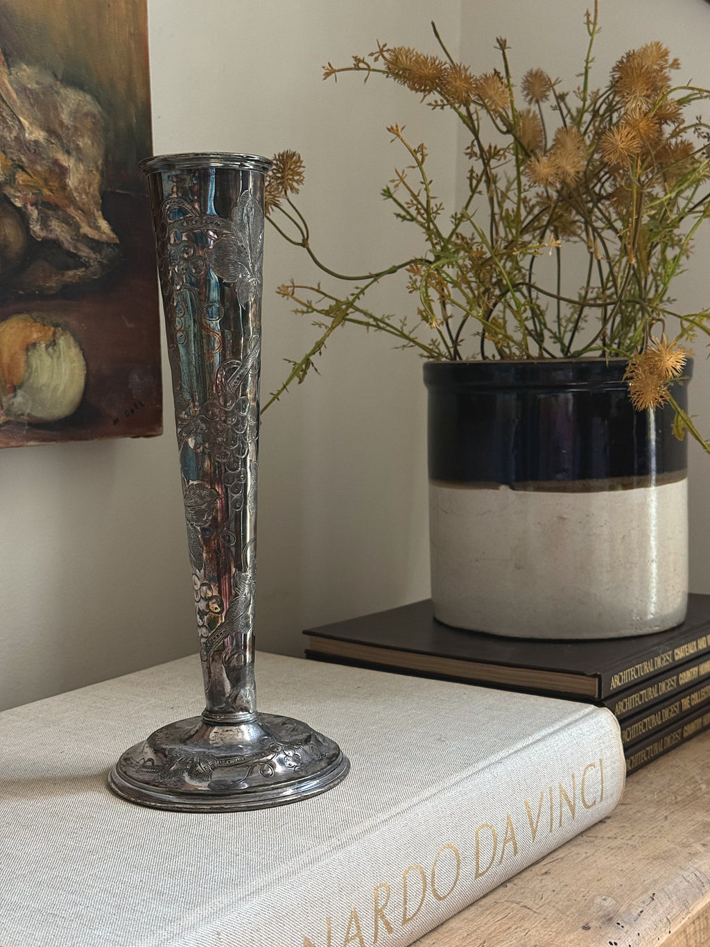 Antique Silver-Plated Grape & Vine Trumpet Vase