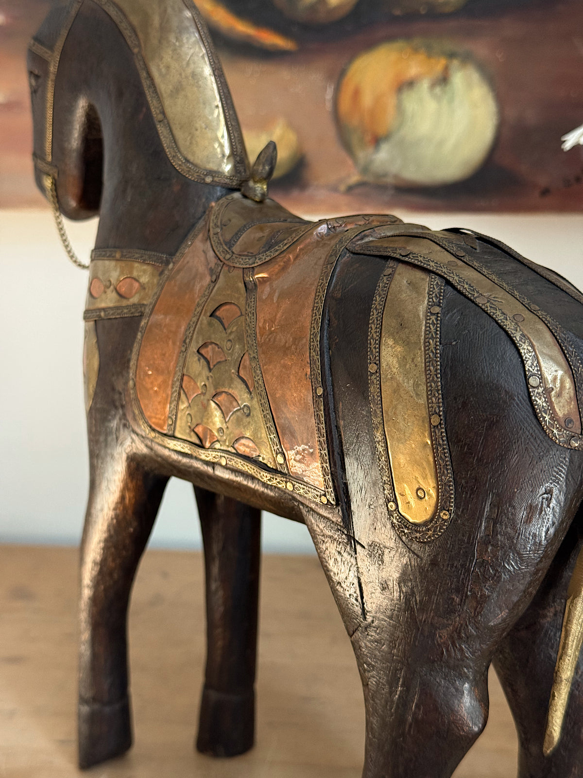 Size Large, Vintage Hand-Carved Wood Horses with Brass + Copper