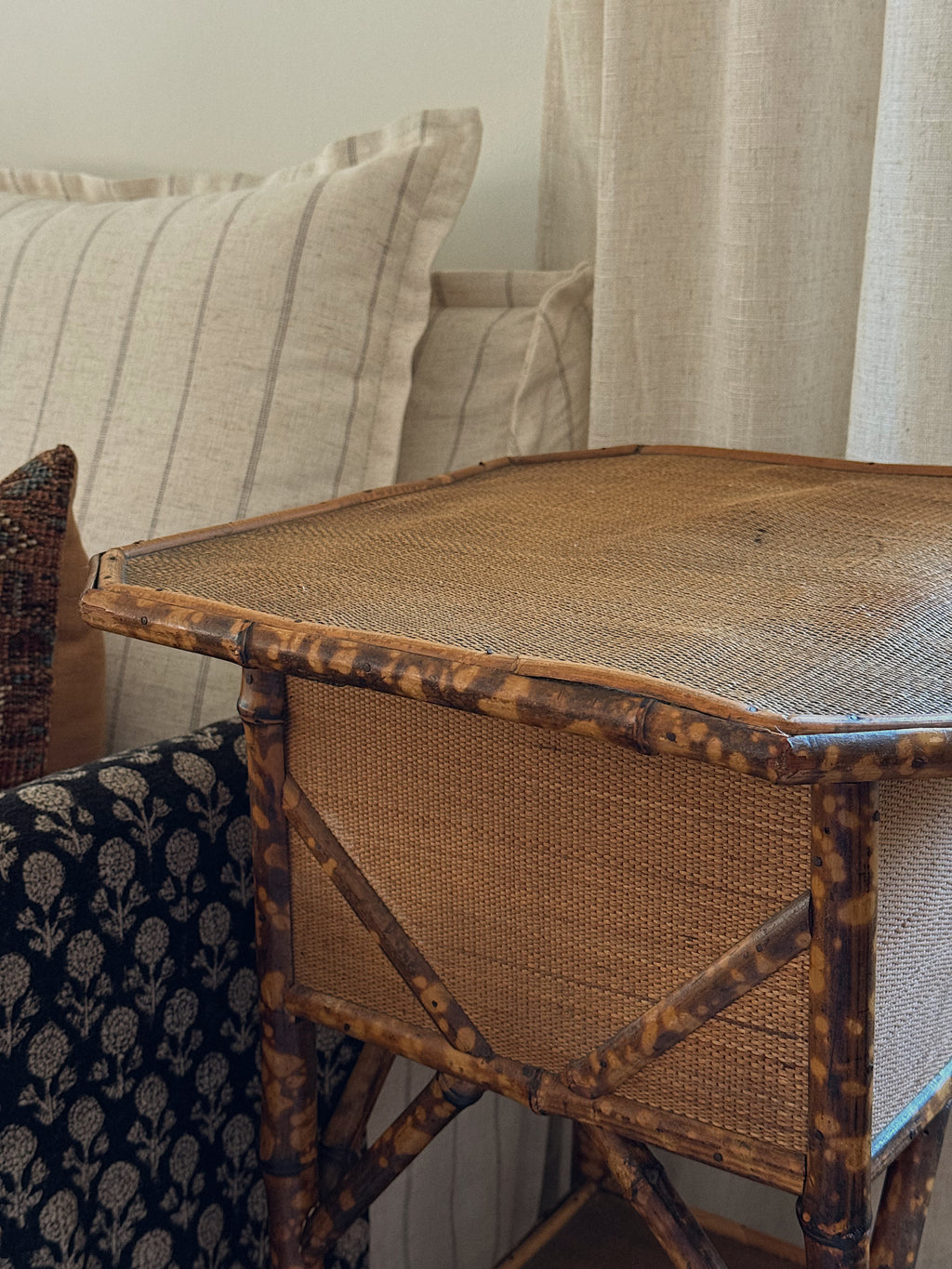 Antique English Burnt Bamboo Side Table with Storage