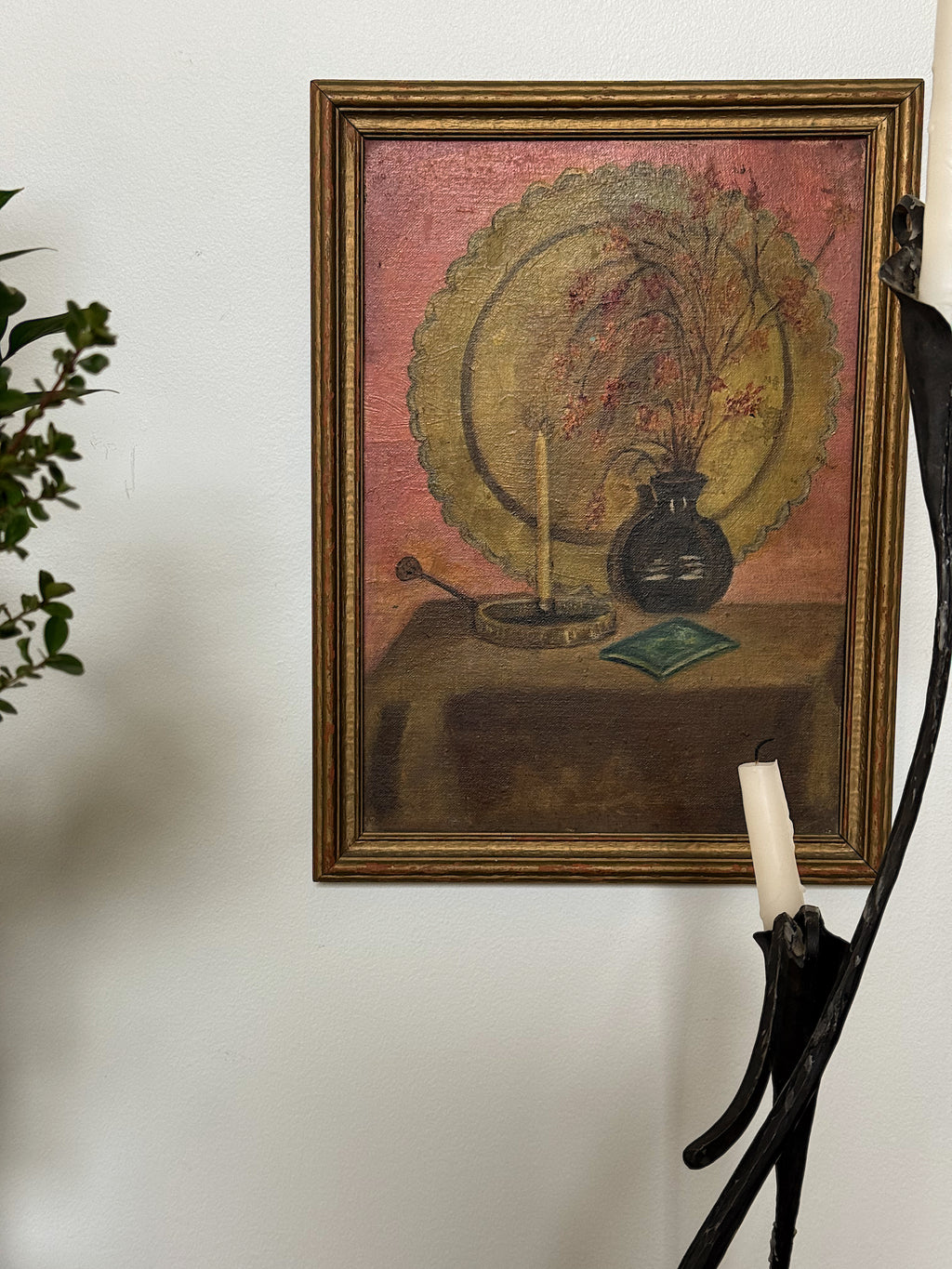 Mid Century Folk Style Still Life Oil Painting in Wood Frame