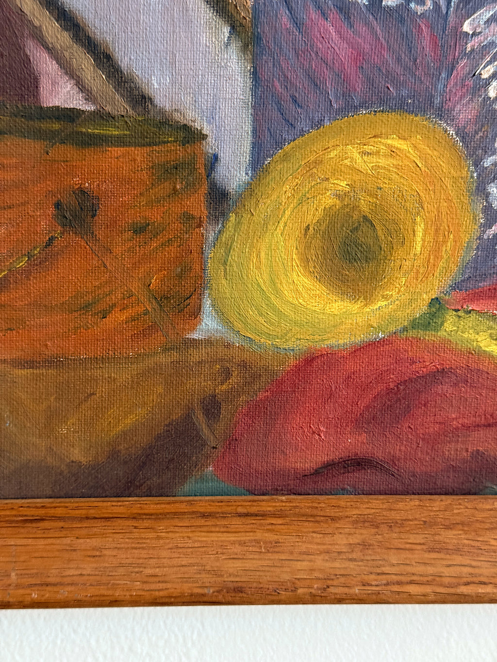 Mid Century Colorful Still Life Oil Painting in Wood Frame
