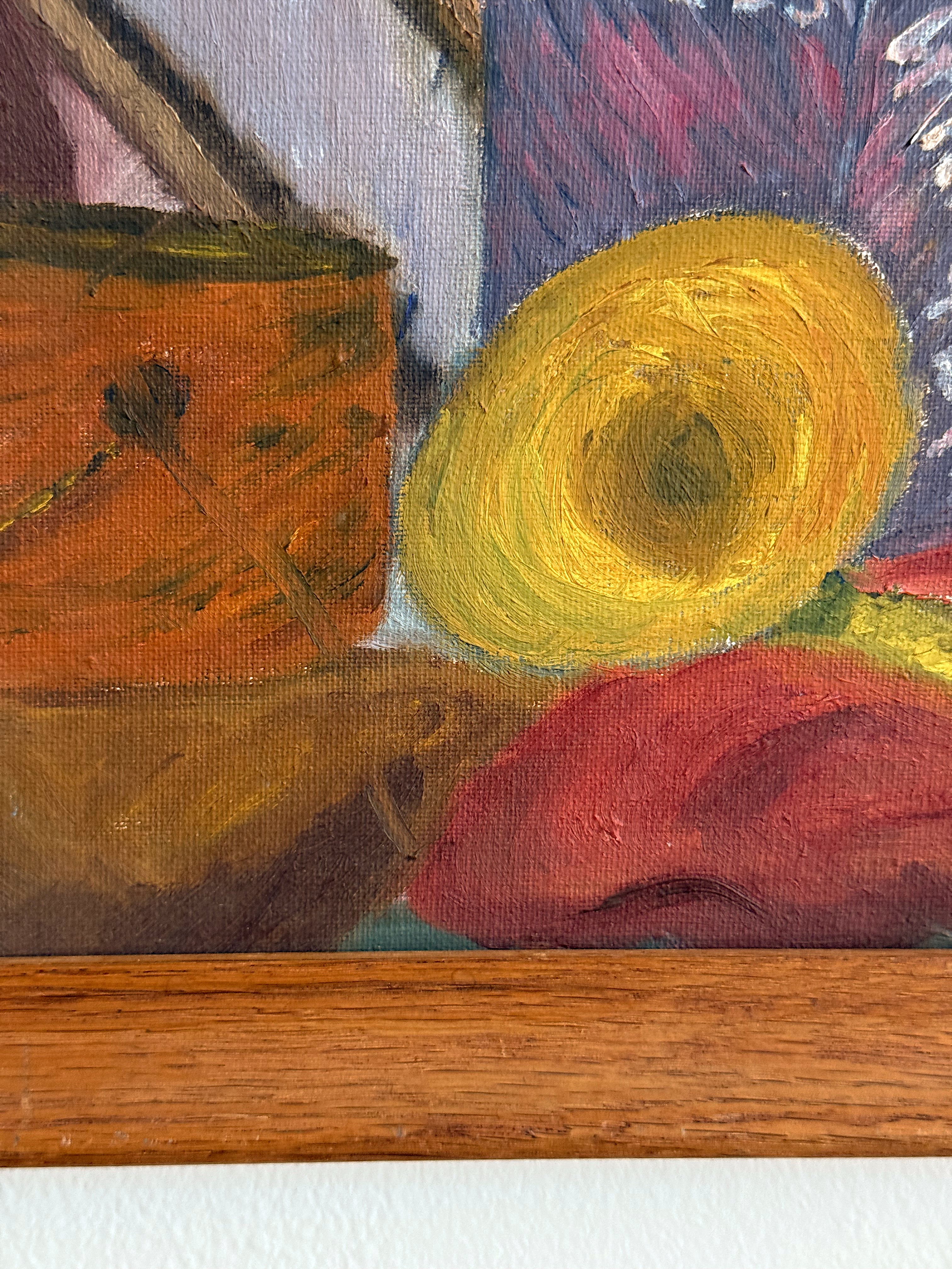 Mid Century Colorful Still Life Oil Painting in Wood Frame