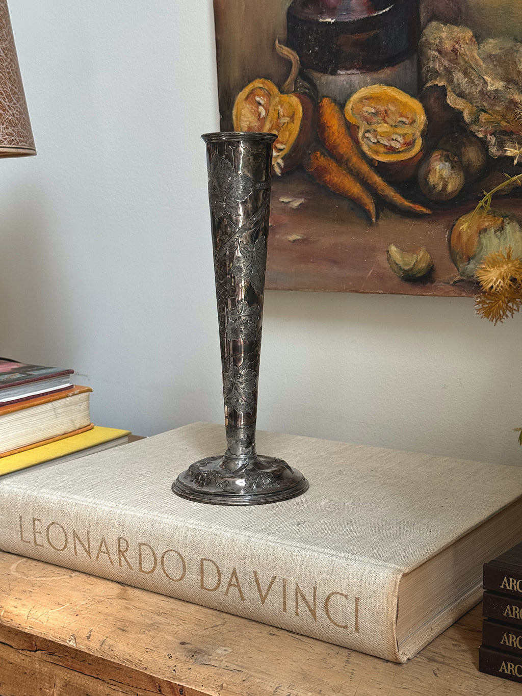 Antique Silver-Plated Grape & Vine Trumpet Vase