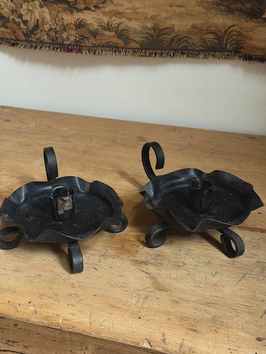 Antique Hand-Forged Iron Candleholders, Pair
