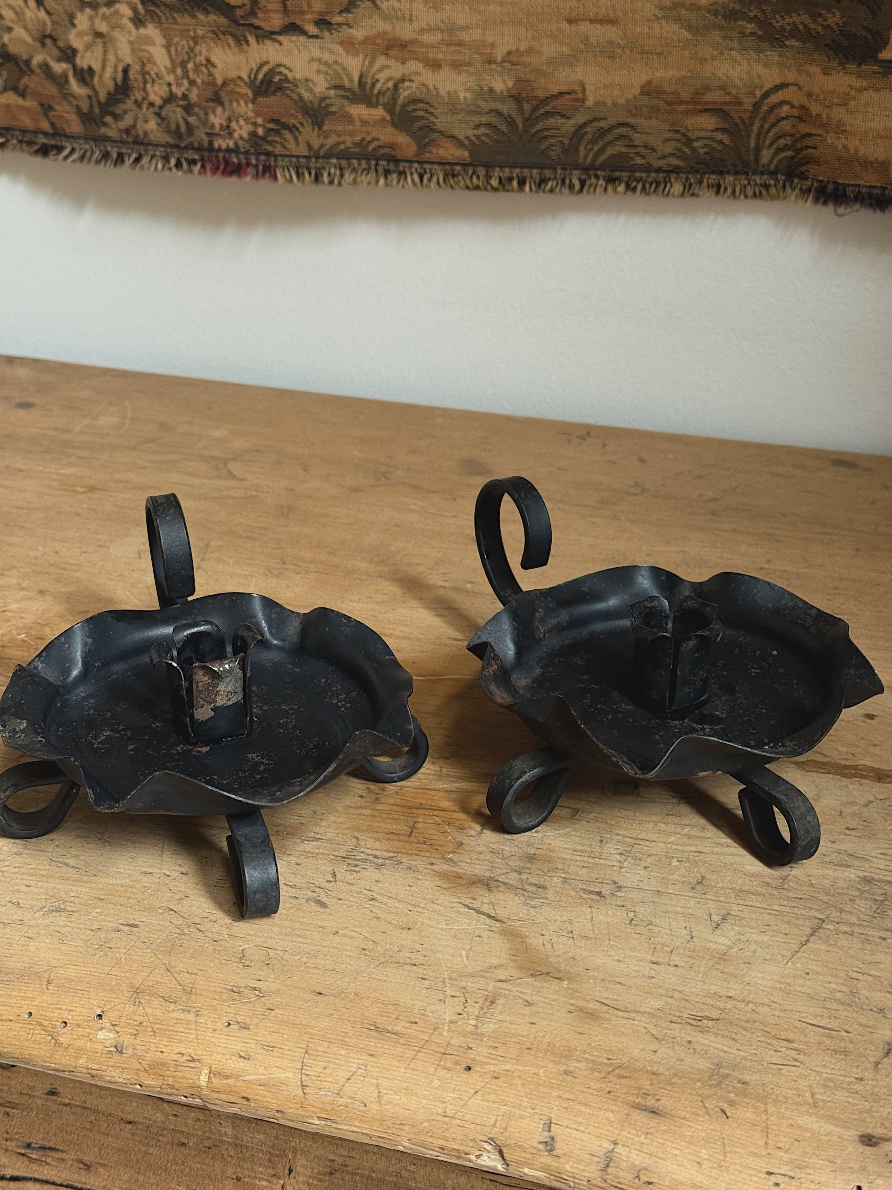 Antique Hand-Forged Iron Candleholders, Pair