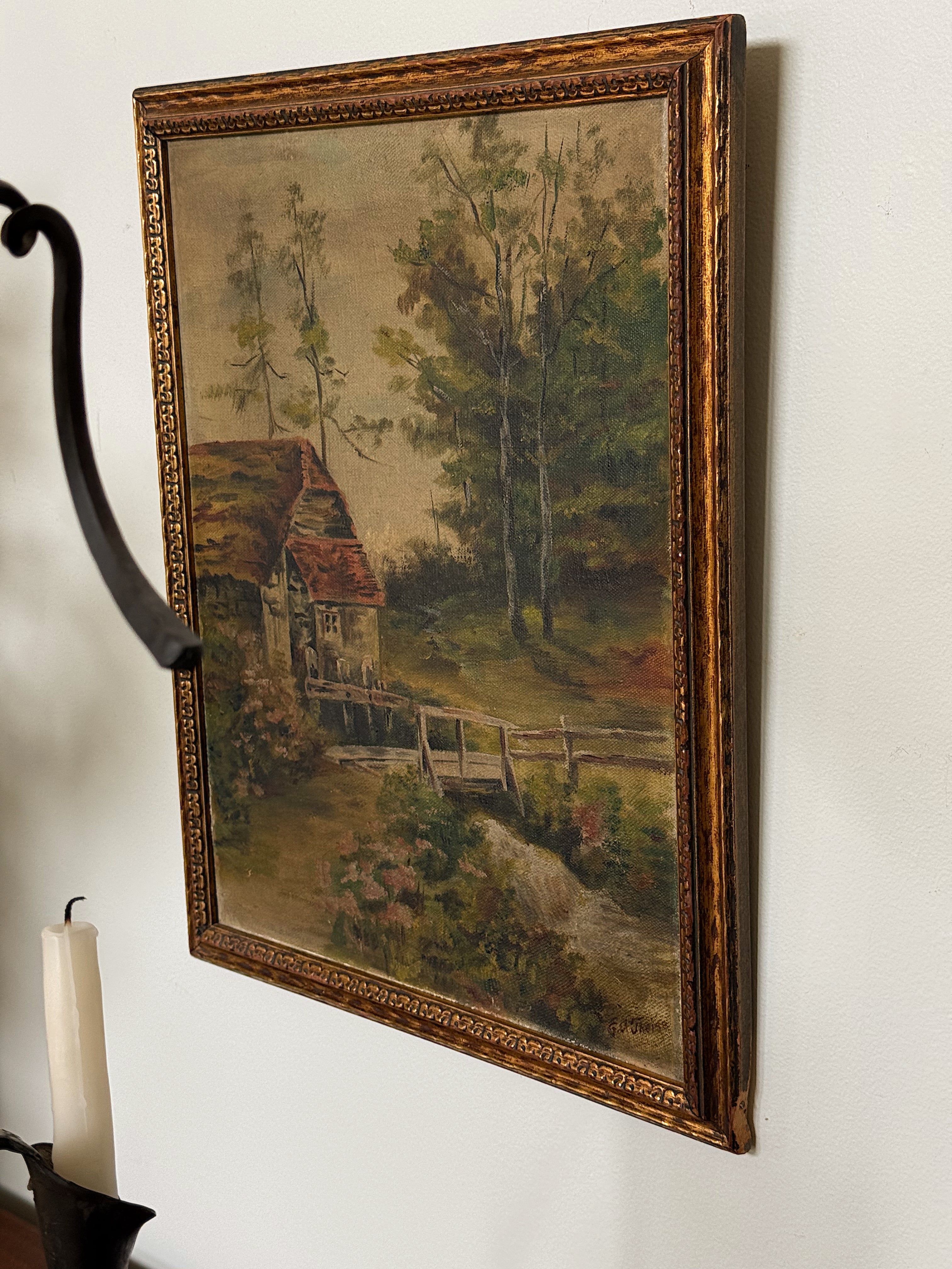 Antique Cottage Landscape Oil Painting in Gilt Frame
