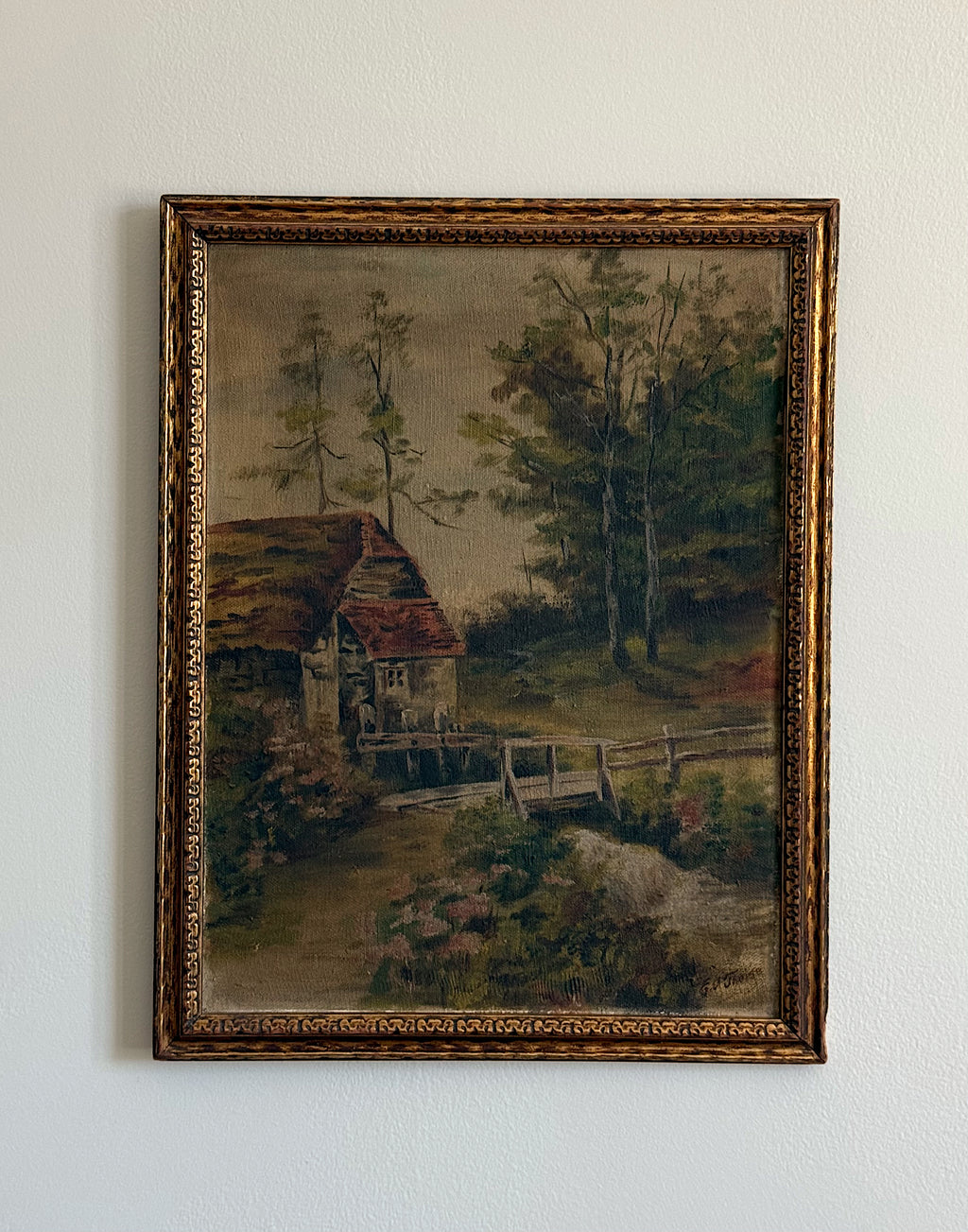 Antique Cottage Landscape Oil Painting in Gilt Frame
