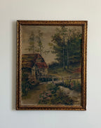 Antique Cottage Landscape Oil Painting in Gilt Frame