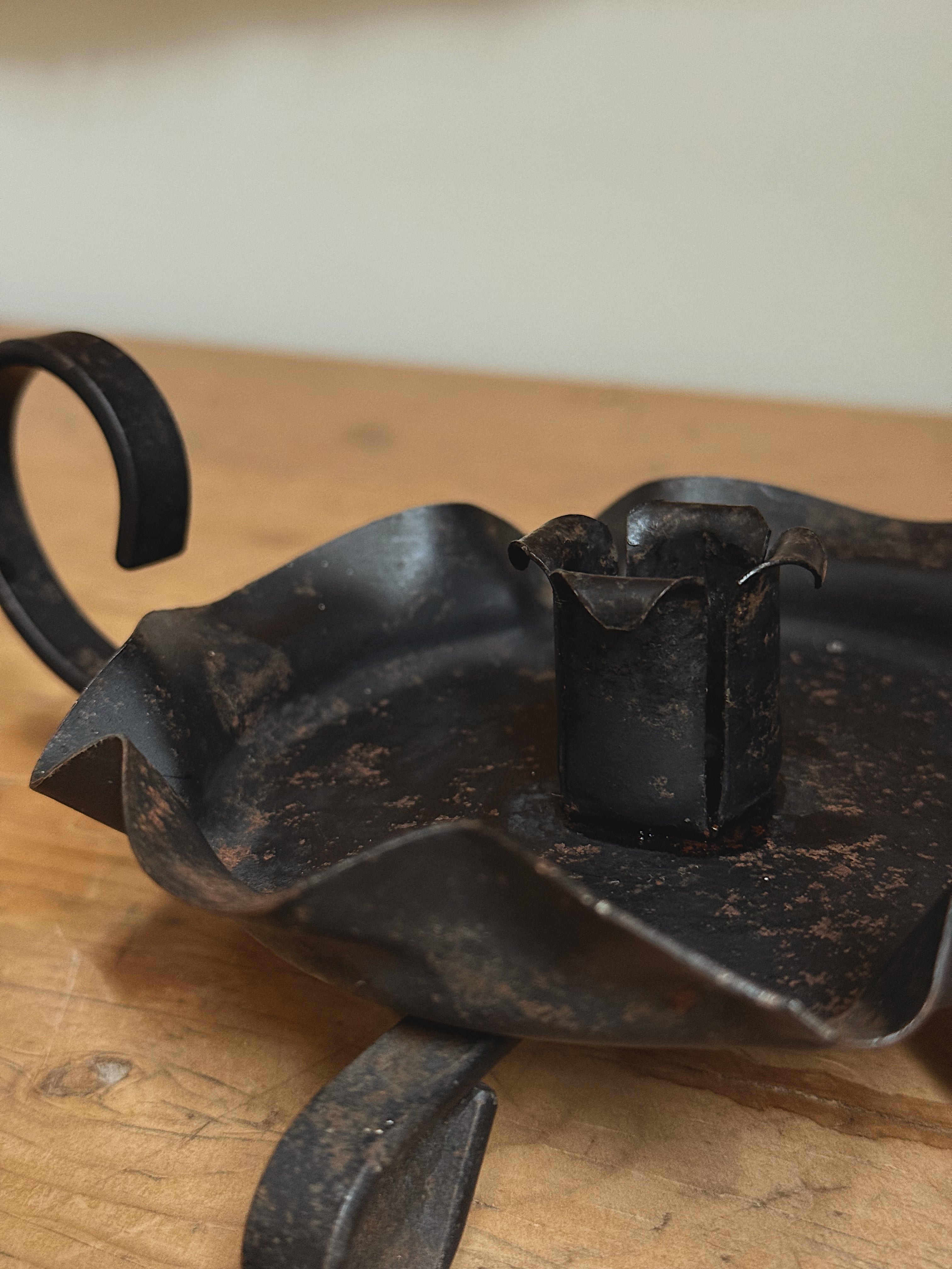 Antique Hand-Forged Iron Candleholders, Pair