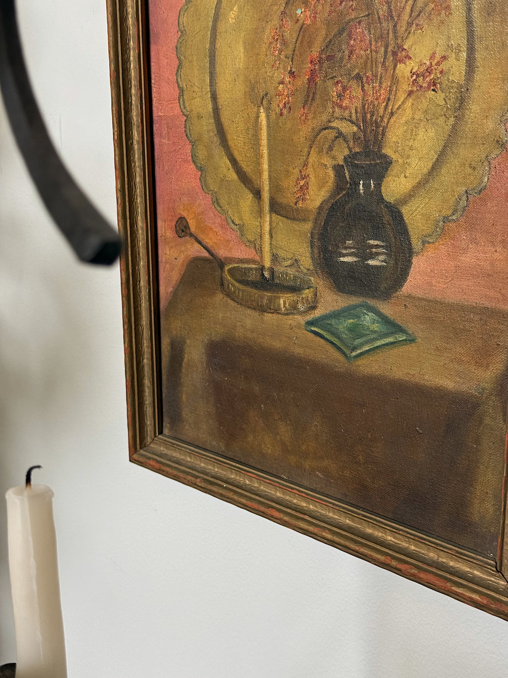 Mid Century Folk Style Still Life Oil Painting in Wood Frame