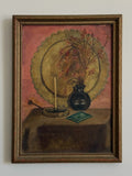 Mid Century Folk Style Still Life Oil Painting in Wood Frame
