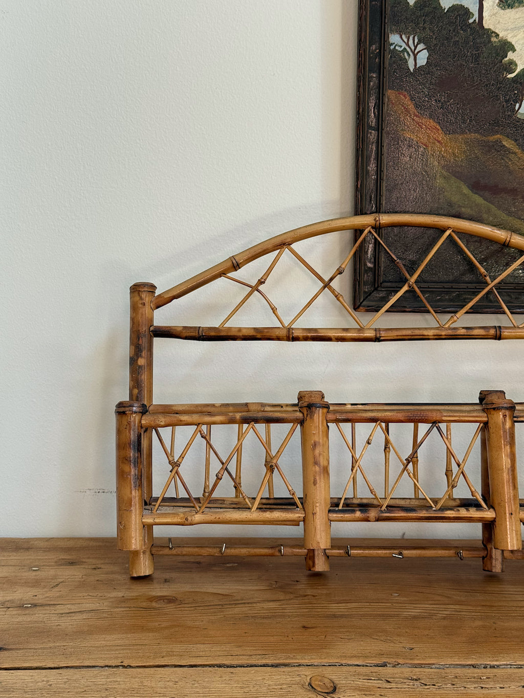 Vintage Burnt Bamboo Wall Pocket & Organizer
