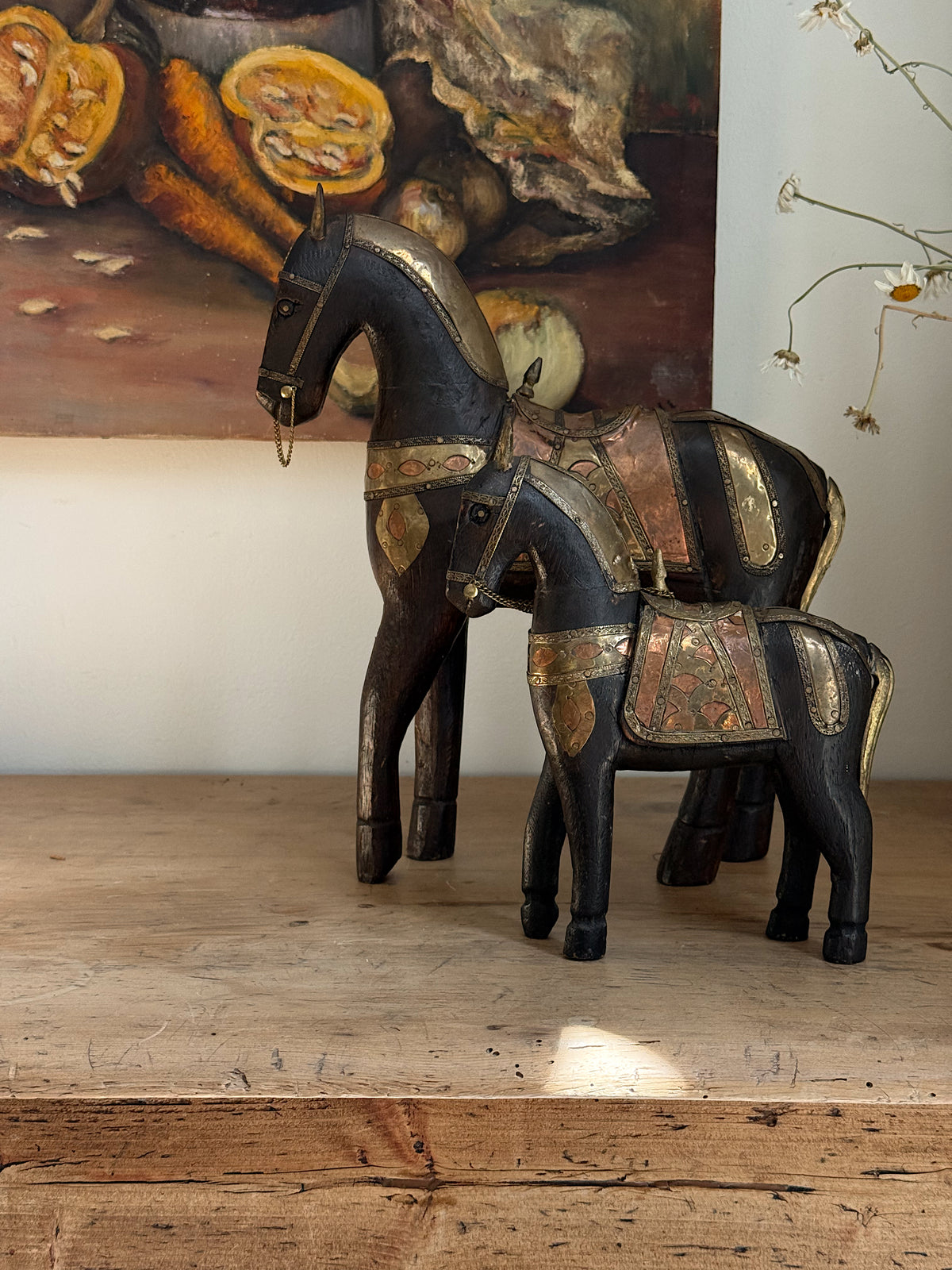 Size Large, Vintage Hand-Carved Wood Horses with Brass + Copper