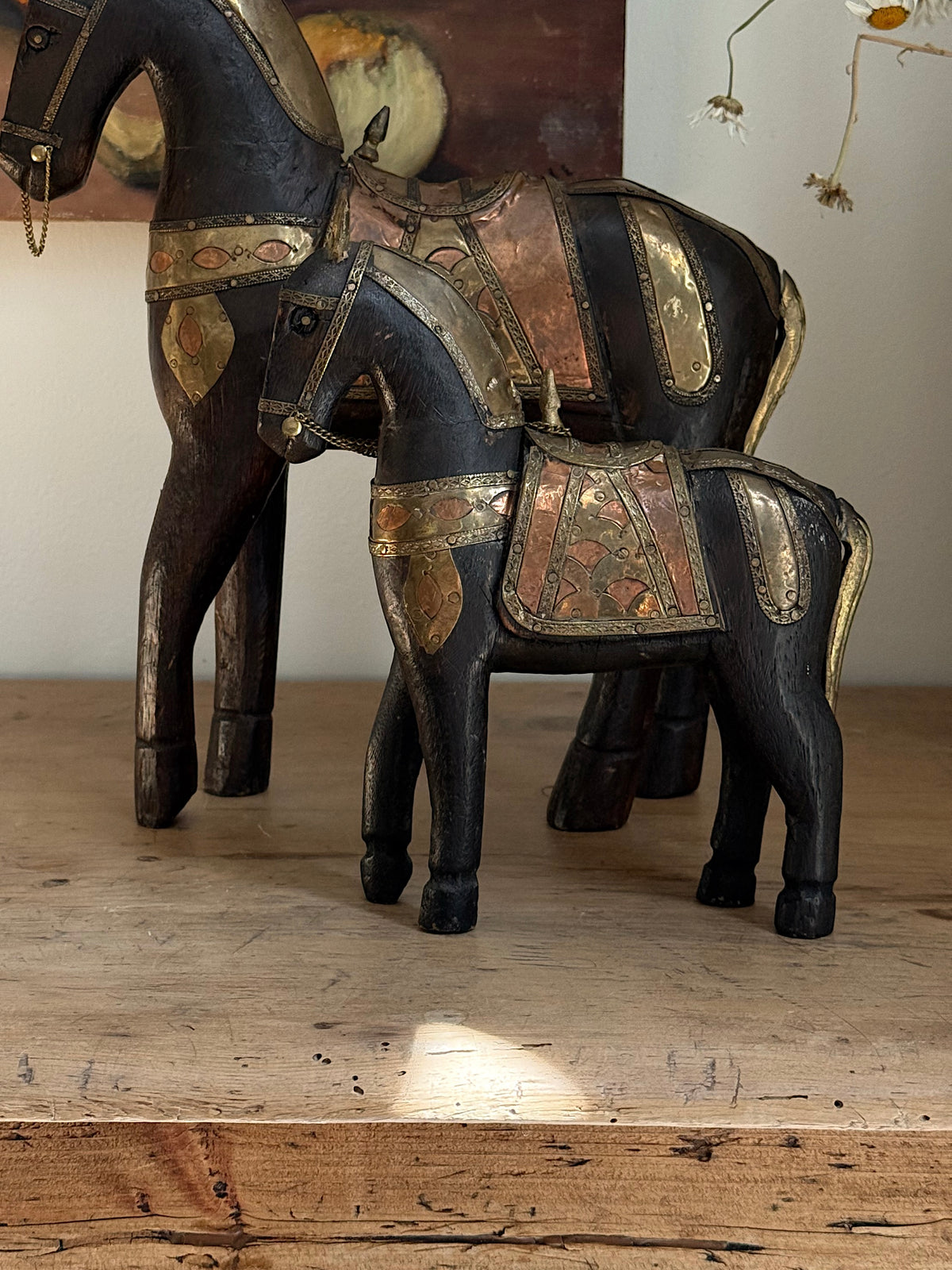Size Small, Vintage Hand-Carved Wood Horses with Brass + Copper