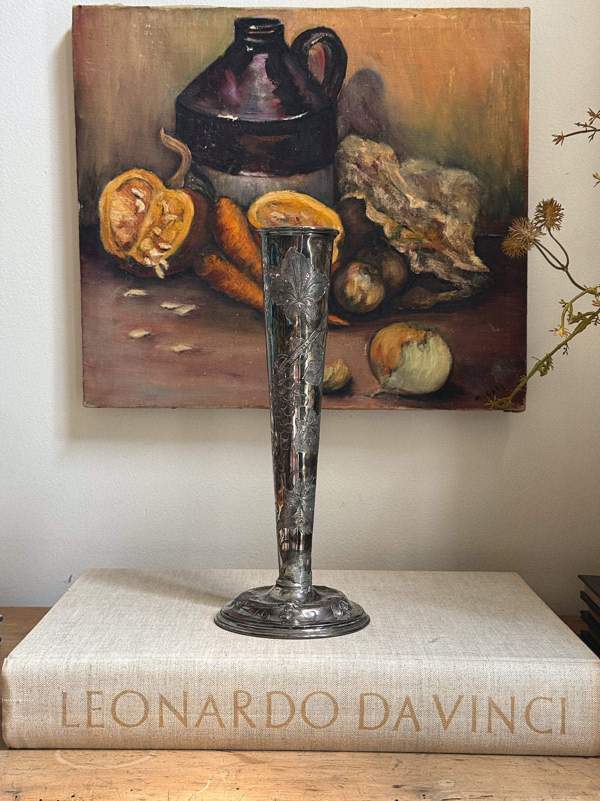 Antique Silver-Plated Grape & Vine Trumpet Vase